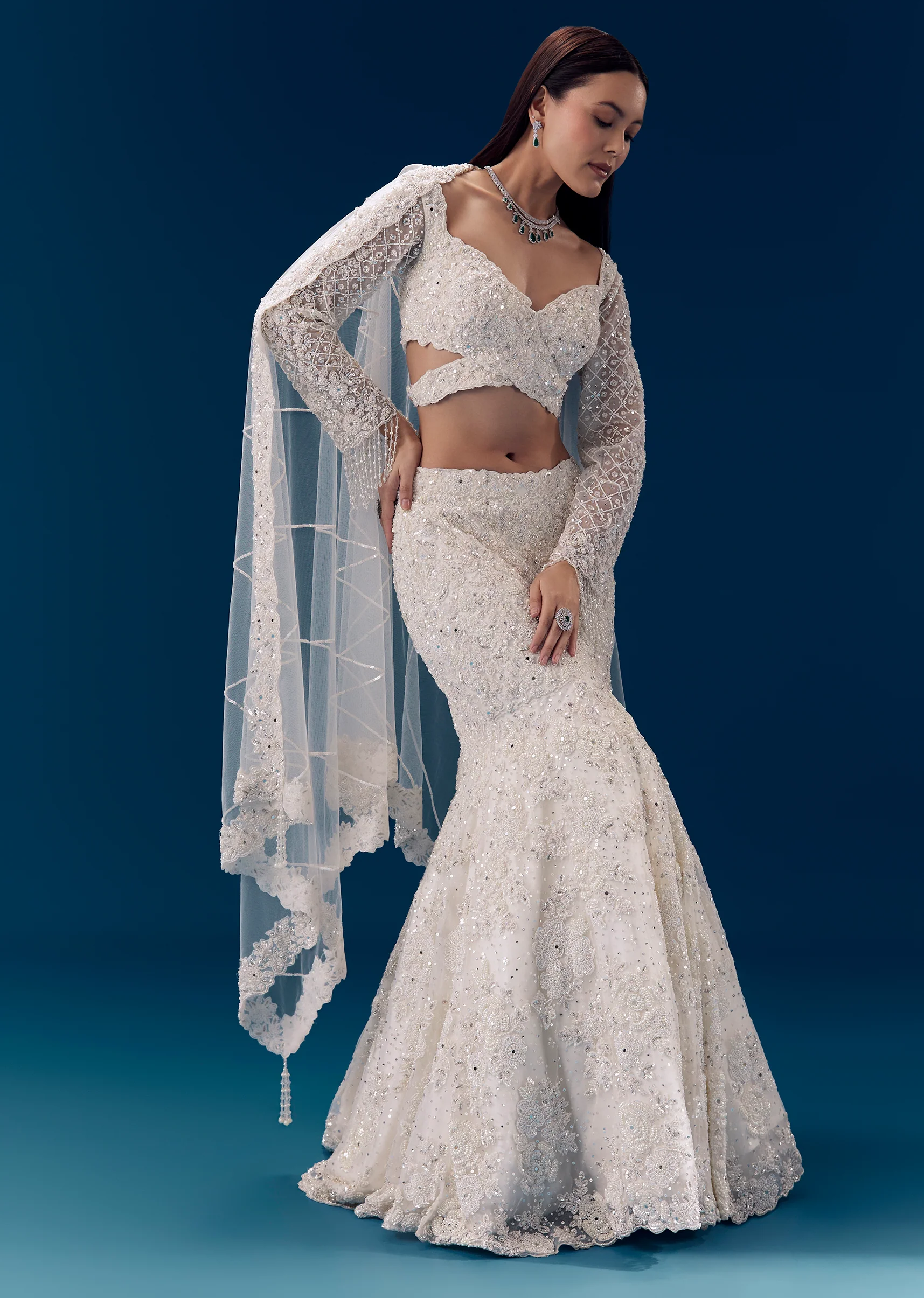 Ivory Fishcut Embroidered Bridal Lehenga Set - Image 3