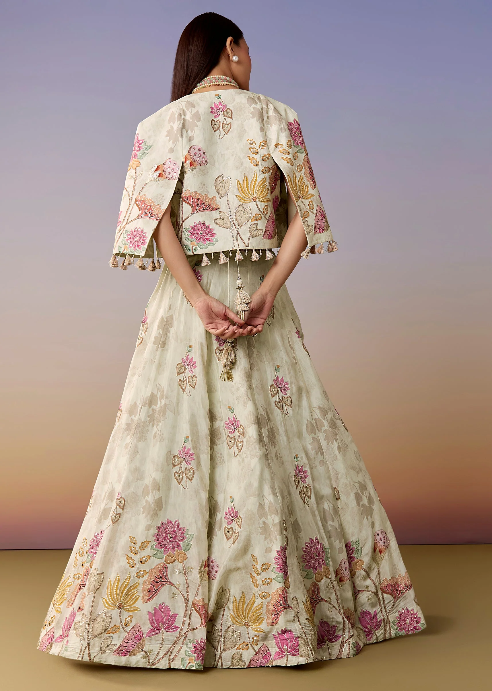Ivory Floral Printed Lehenga Set with Cape - Image 2