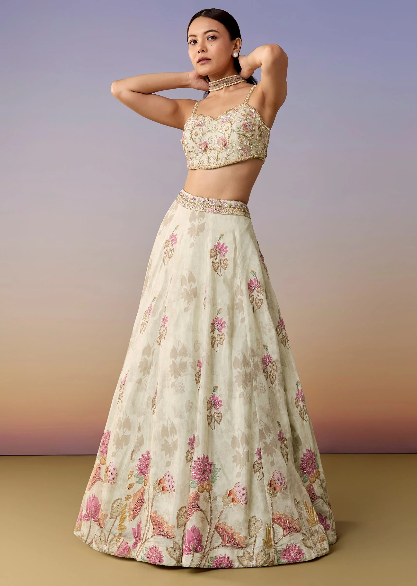 Ivory Floral Printed Lehenga Set with Cape - Image 6