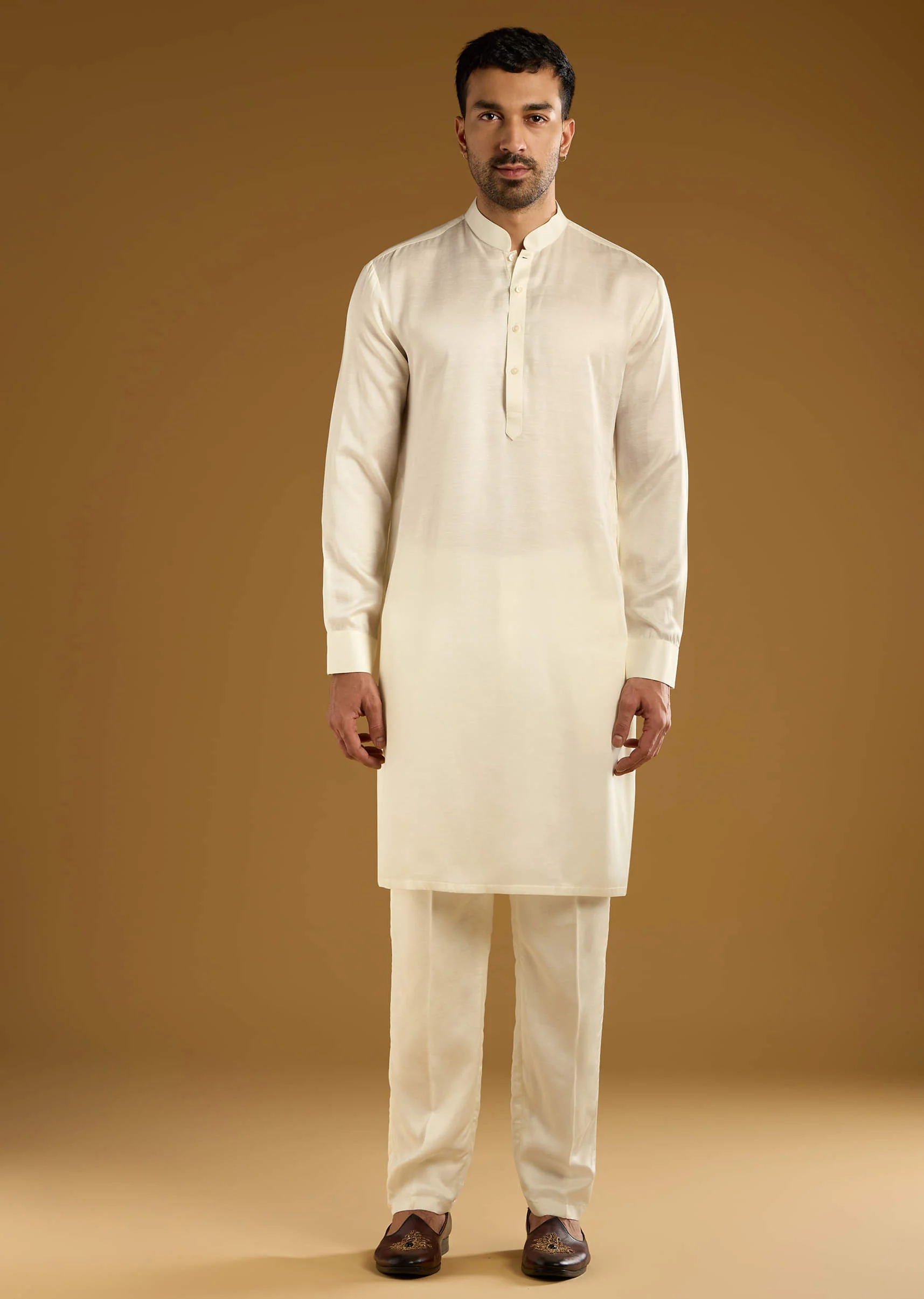 Ivory Linen Kurta Jacket Set For Men With Hand Embroidery - Image 6