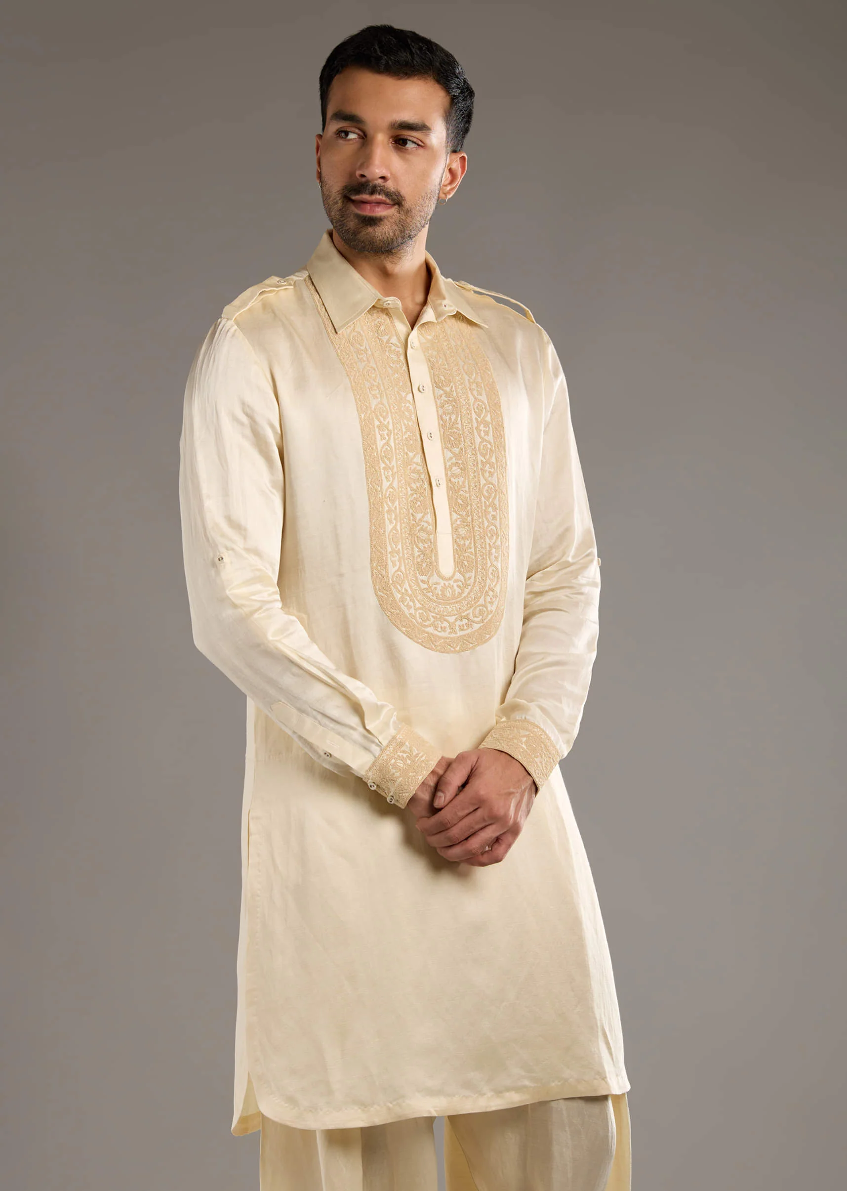 Ivory Linen Satin Kurta Set For Men With Dori Work - Image 3
