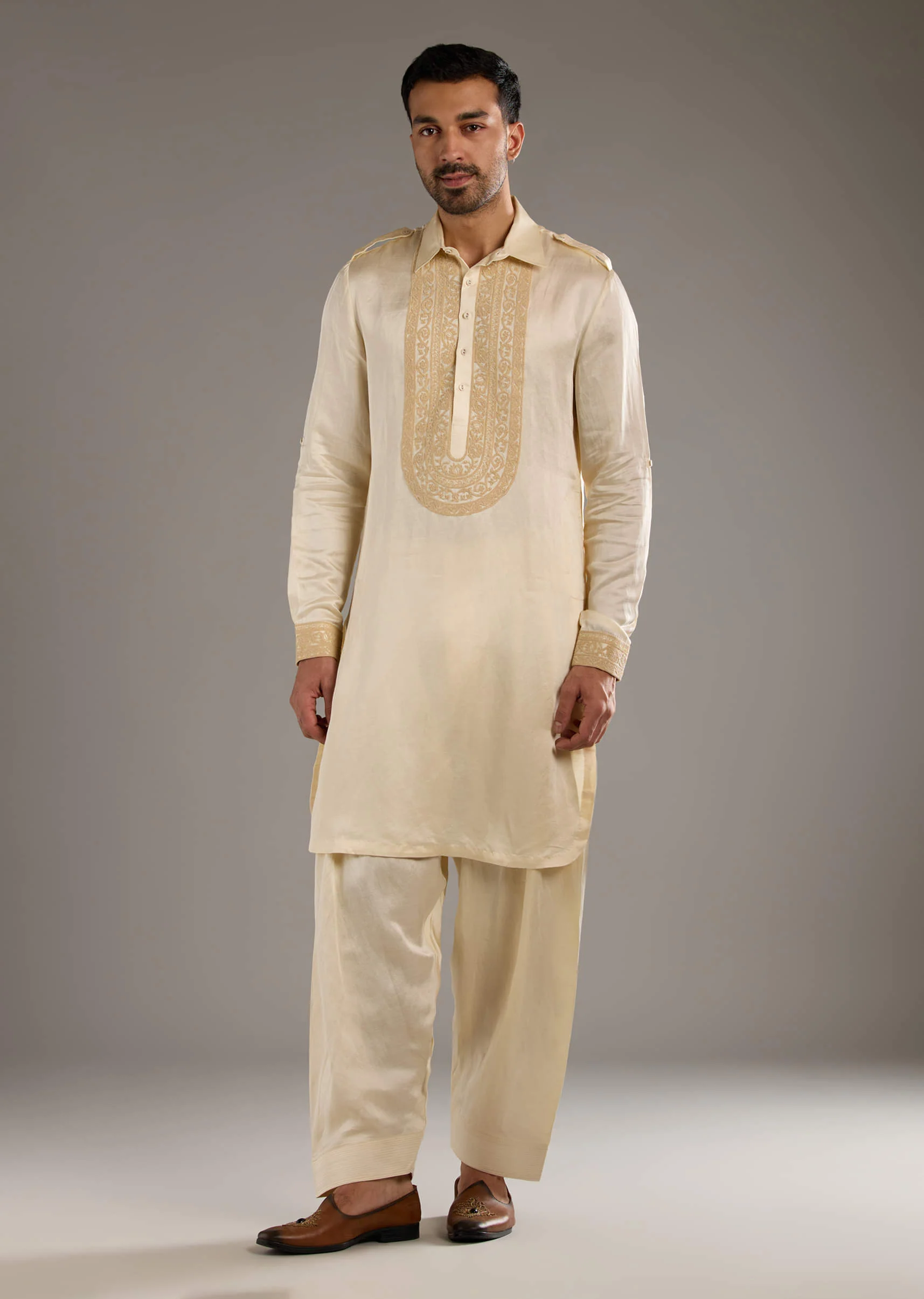 Ivory Linen Satin Kurta Set For Men With Dori Work - Image 4
