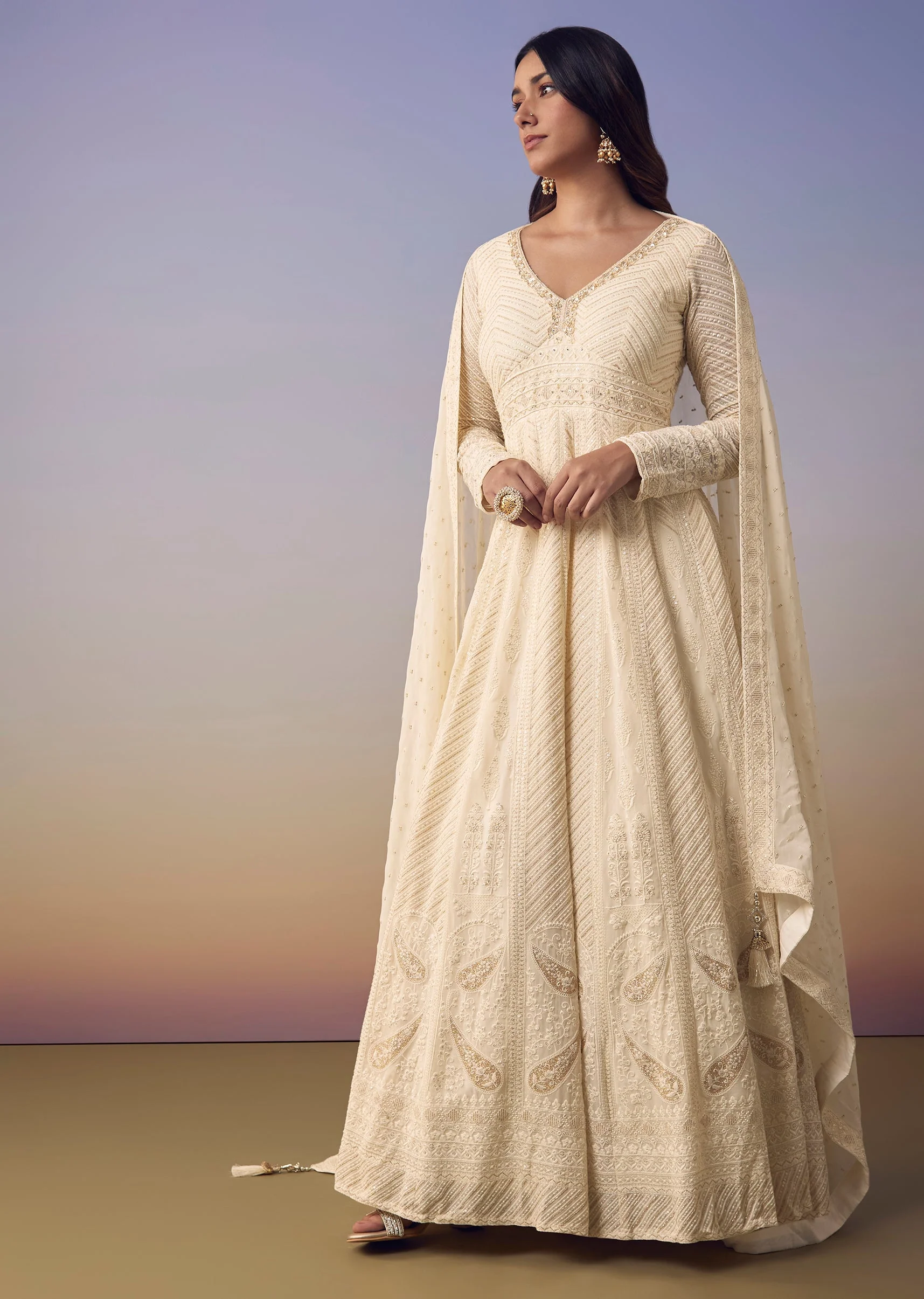 Ivory Lucknowi Anarkali with Dupatta - Image 3