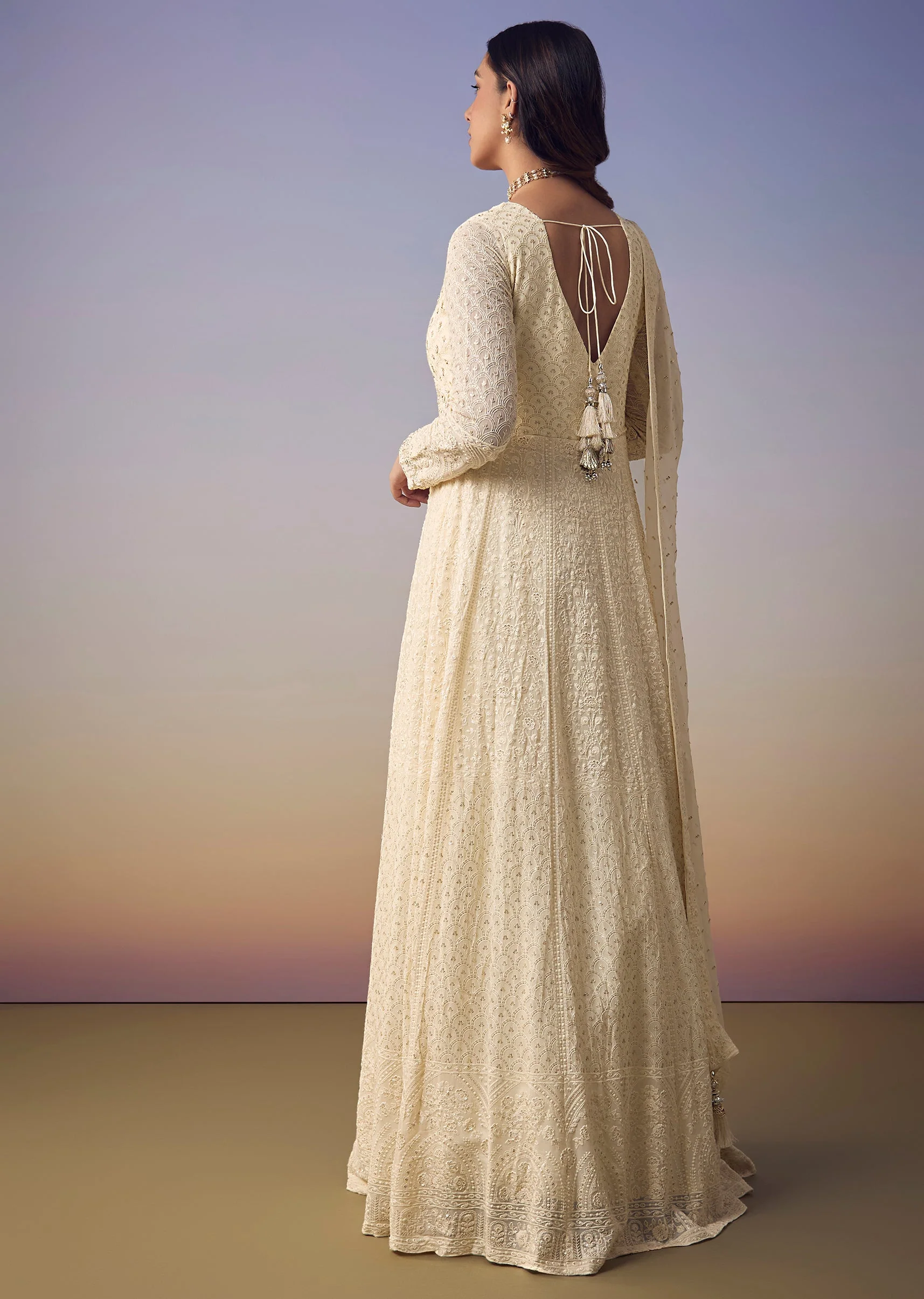 Ivory Lucknowi And Sequin Anarkali with Dupatta - Image 5