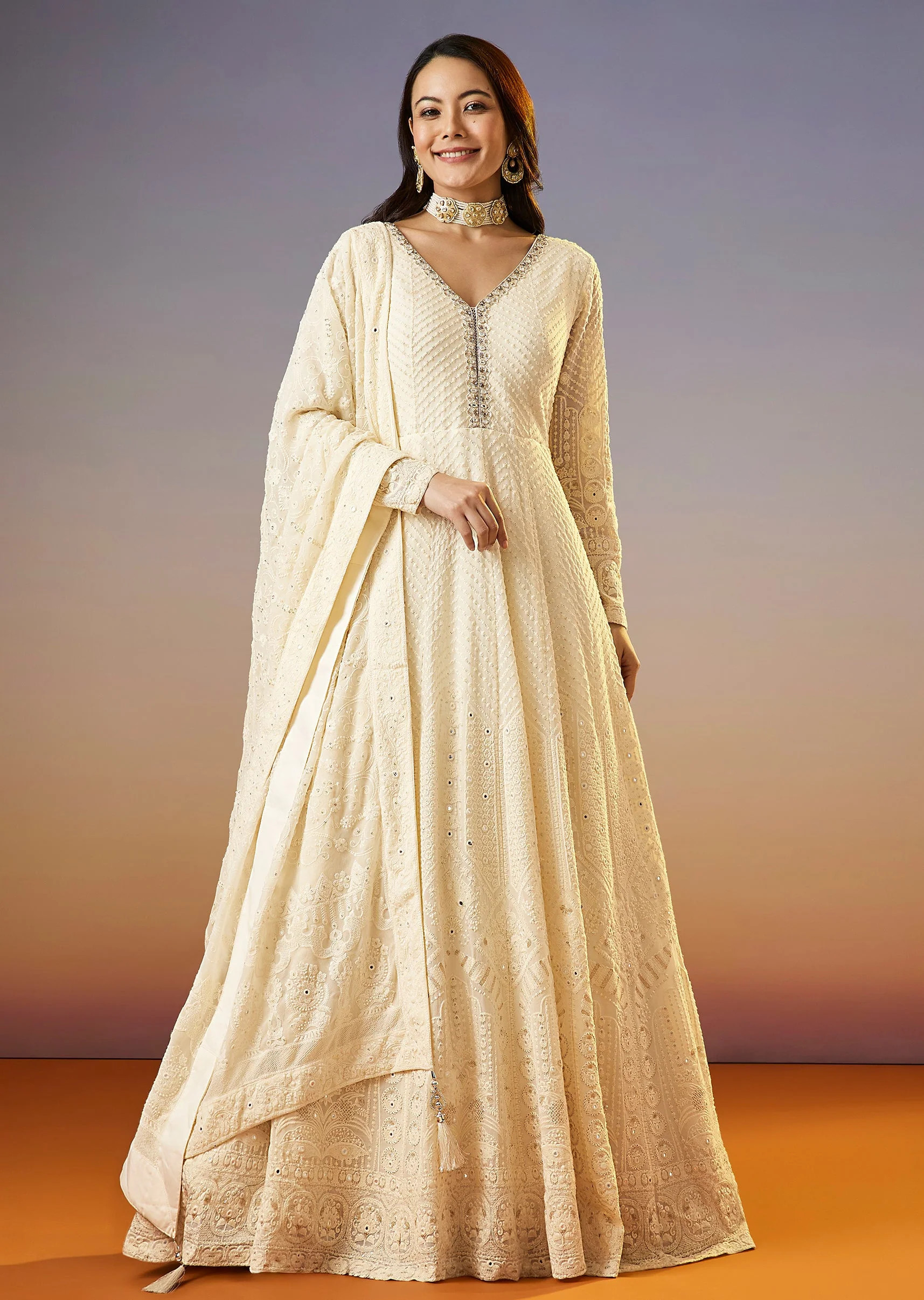 Ivory Lucknowi Georgette Anarkali Suit With Dupatta - Image 3