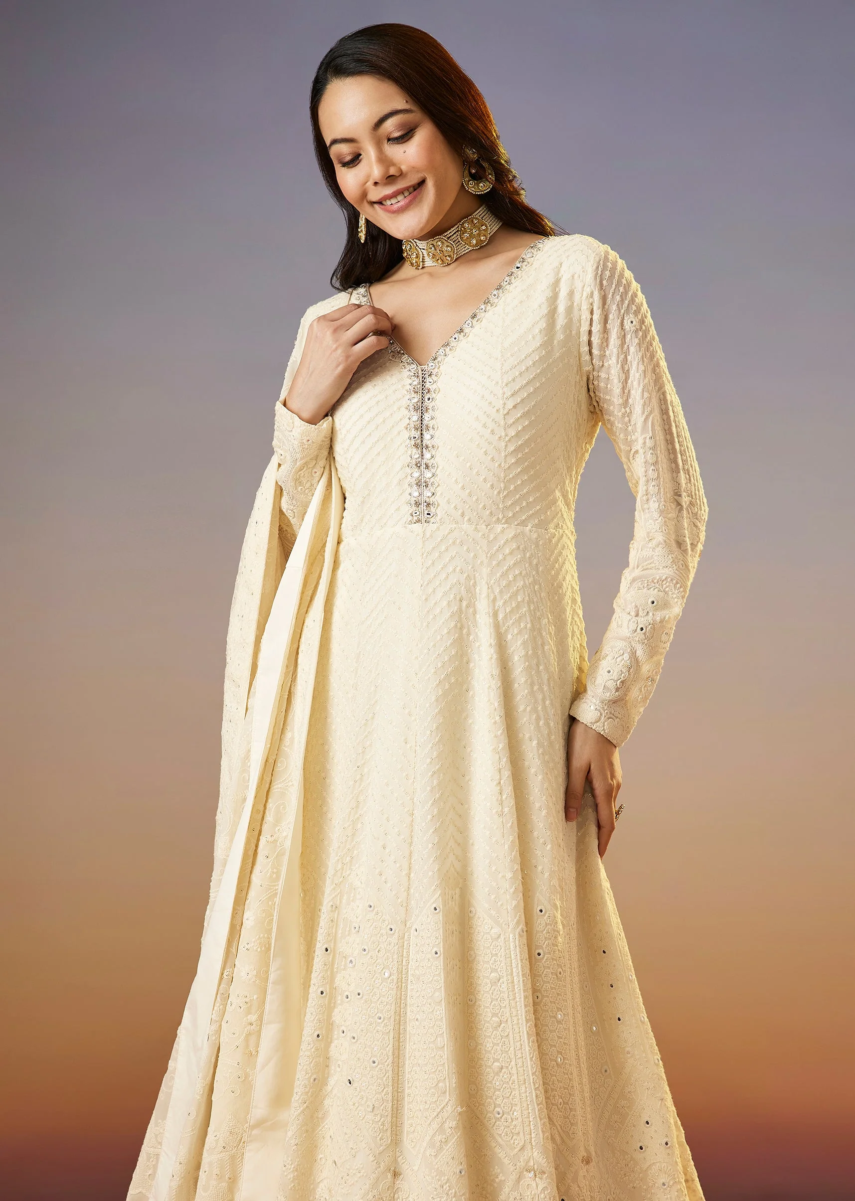 Ivory Lucknowi Georgette Anarkali Suit With Dupatta - Image 4