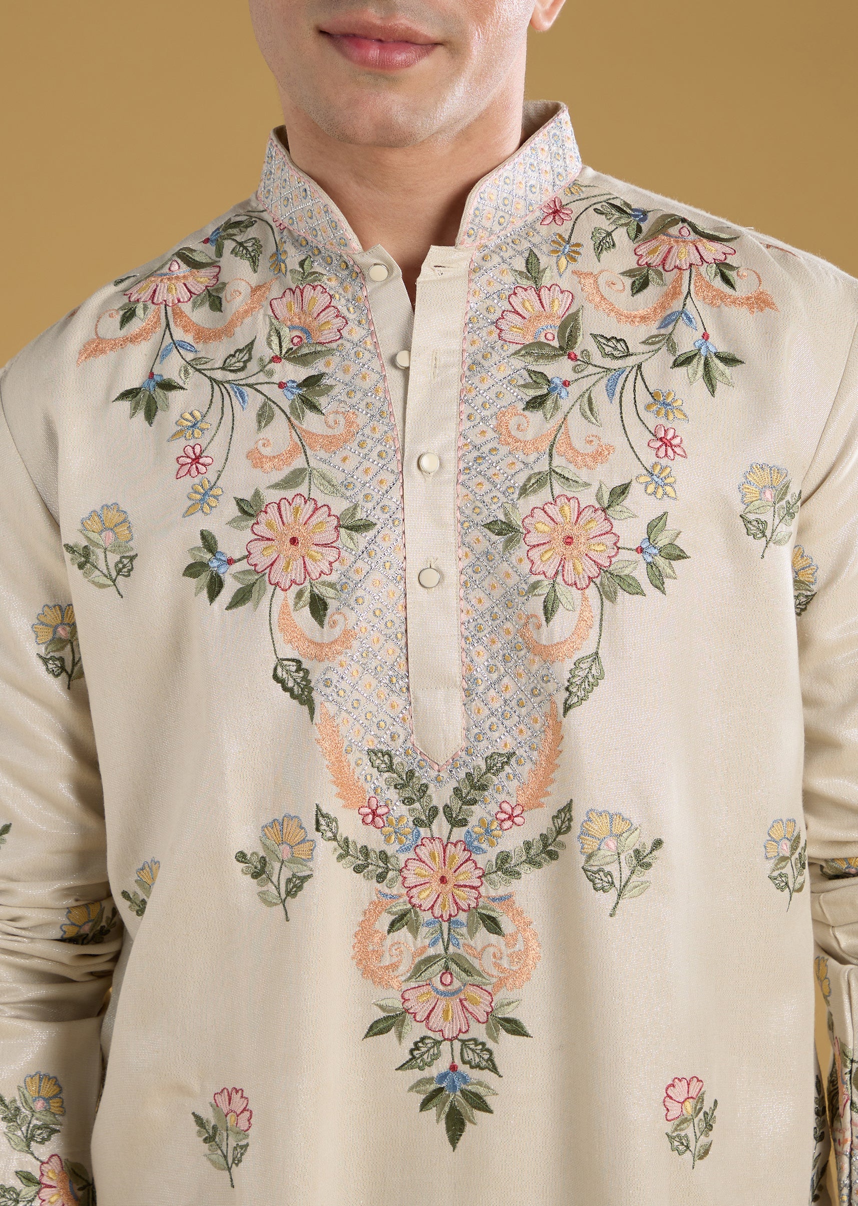 Ivory Mens Kurta Set With Resham Detail - Image 2