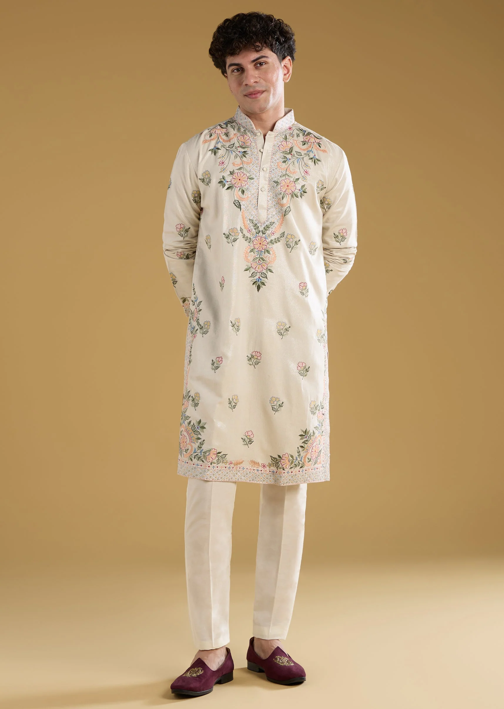 Ivory Mens Kurta Set With Resham Detail - Image 3