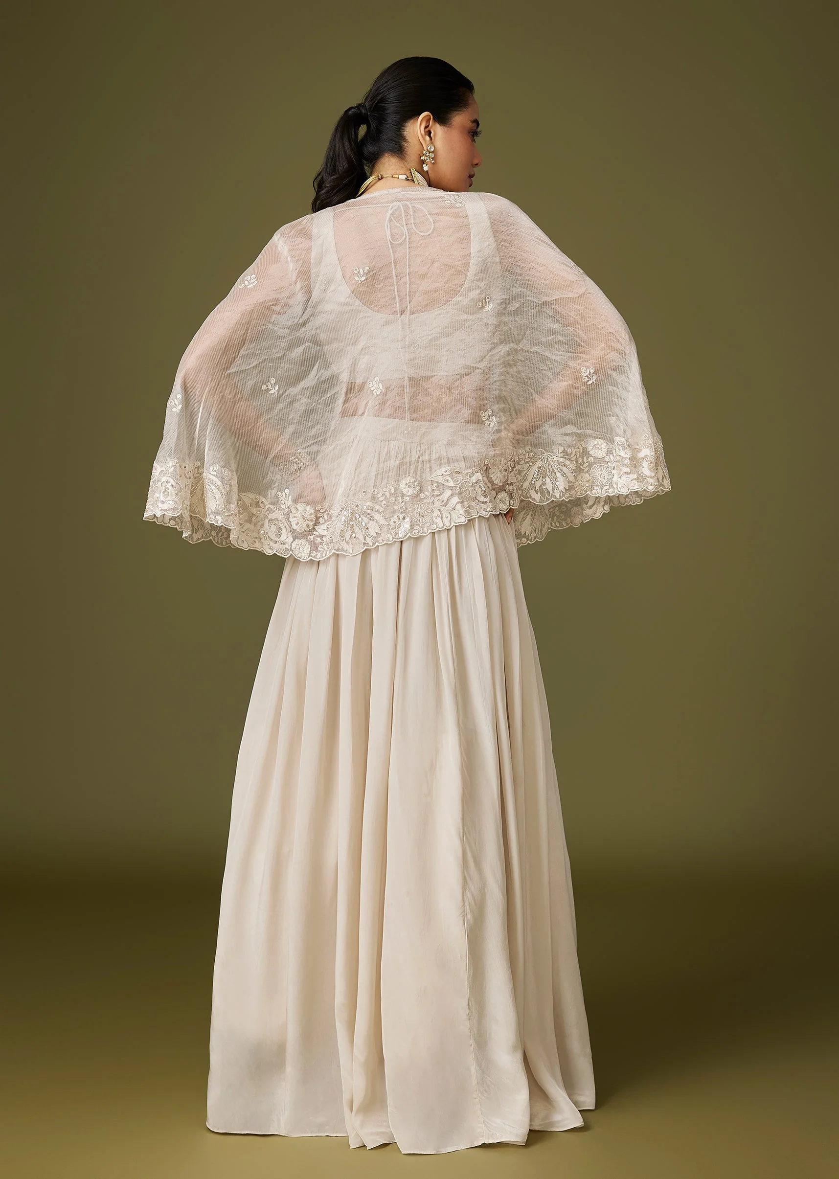Ivory Minimal Cape Lehenga Set With Thread And Bead Detailing - Image 5