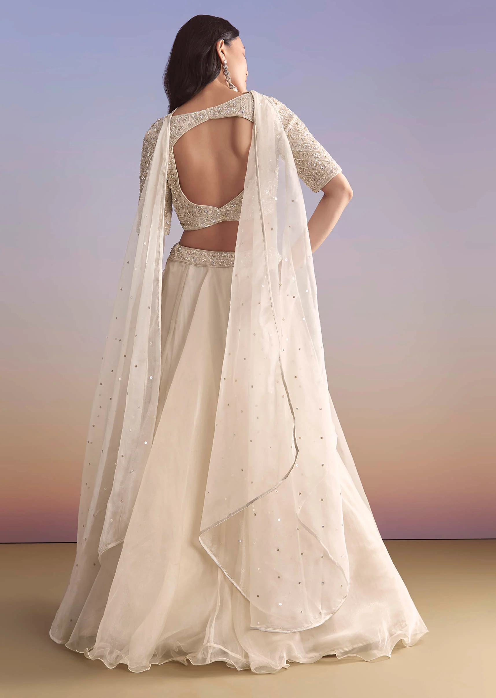 Ivory Organza Bridesmaid Lehenga With Sequins And Cutdana Embroidery - Image 2