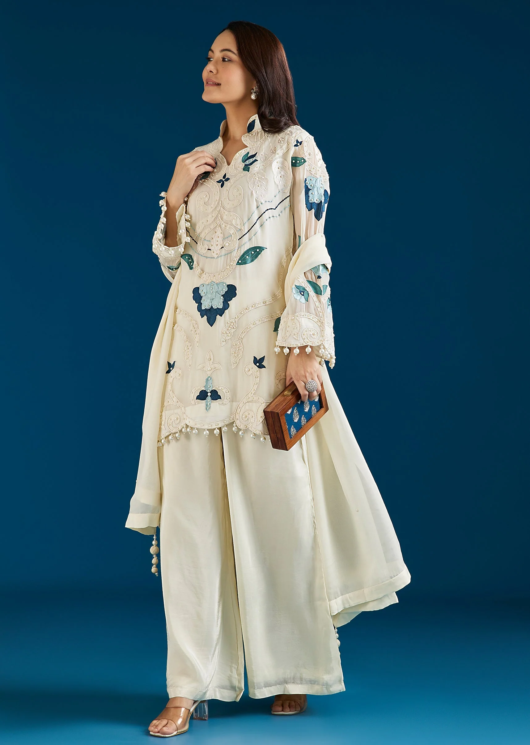 Ivory Patch Work Palazzo Suit With Dupatta - Image 3