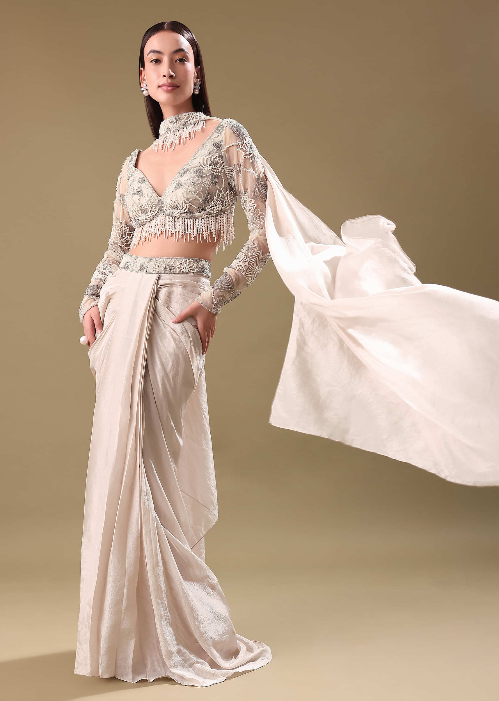 Ivory Pre Drape Tissue Skirt With Full Sleeve Blouse - Image 3