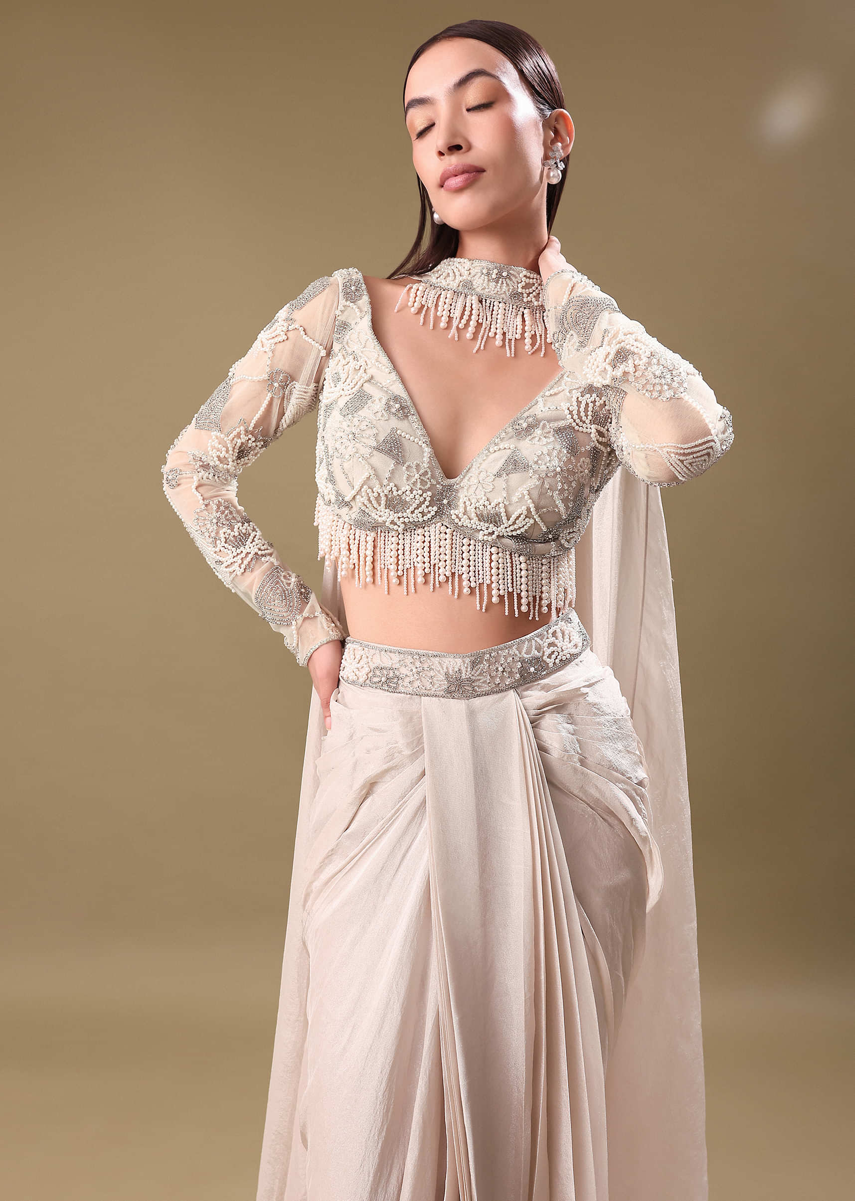 Ivory Pre Drape Tissue Skirt With Full Sleeve Blouse - Image 4