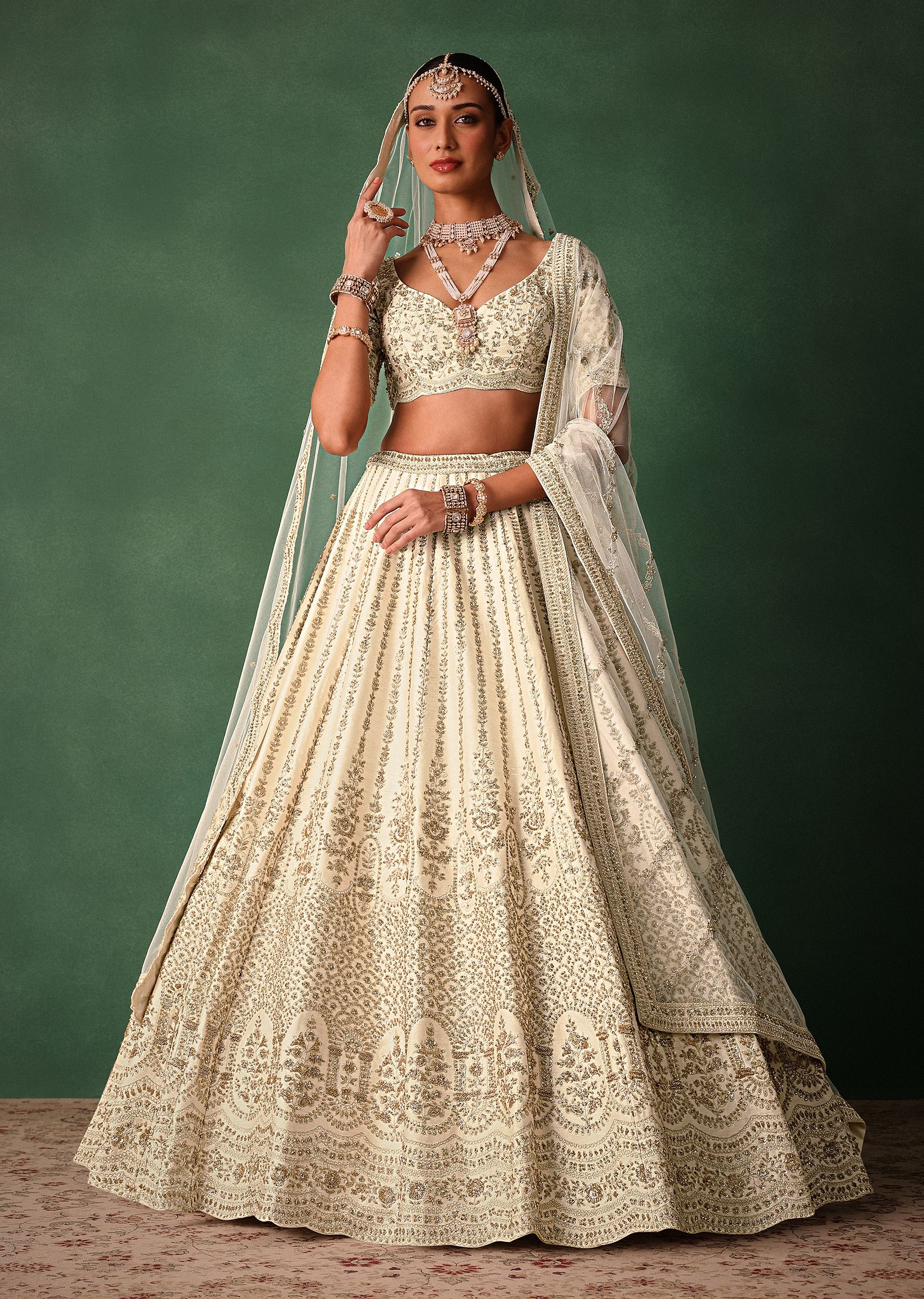 Ivory Raw Silk Hand Embroidered Lehenga Set In Cutdana Work - Image 3