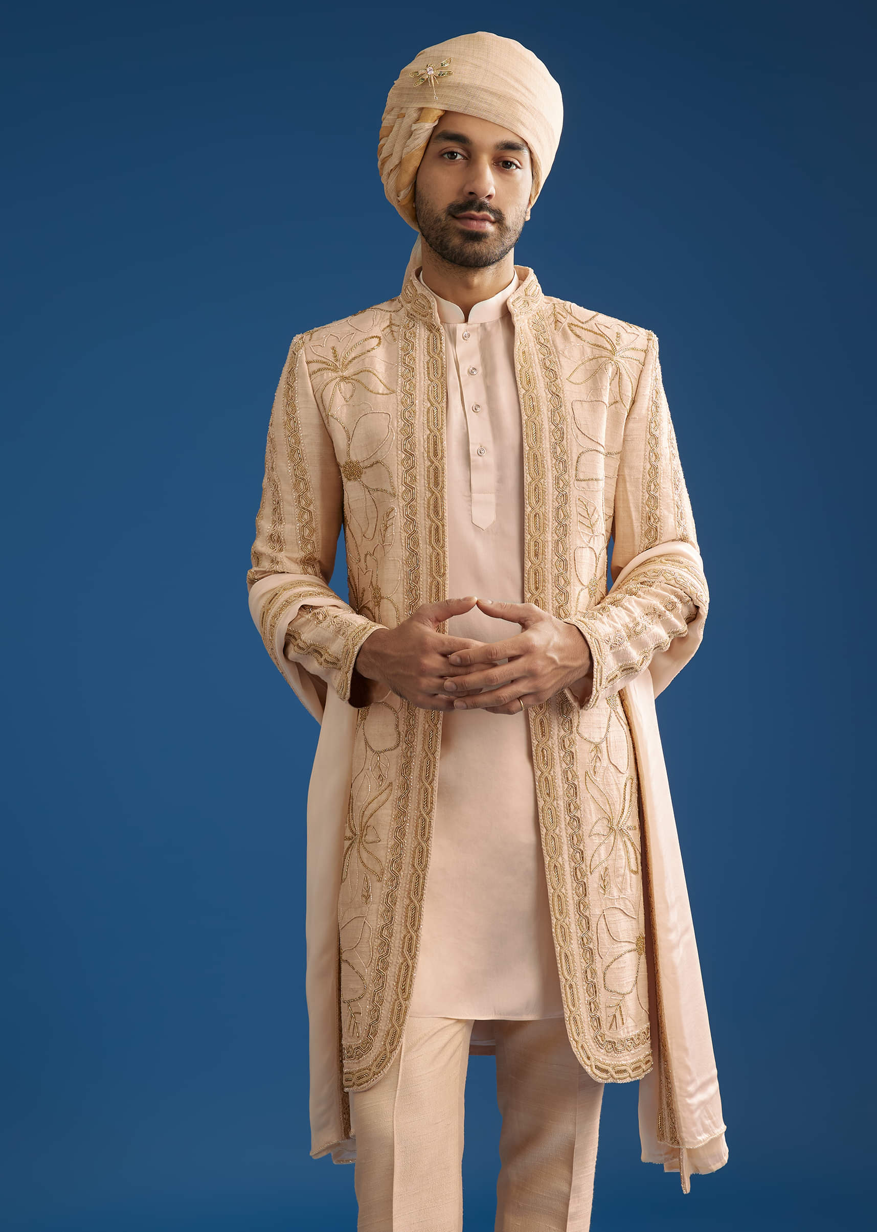 Ivory Raw Silk Sherwani Set With Mixed Hand Work And Organza Satin Accents - Image 2