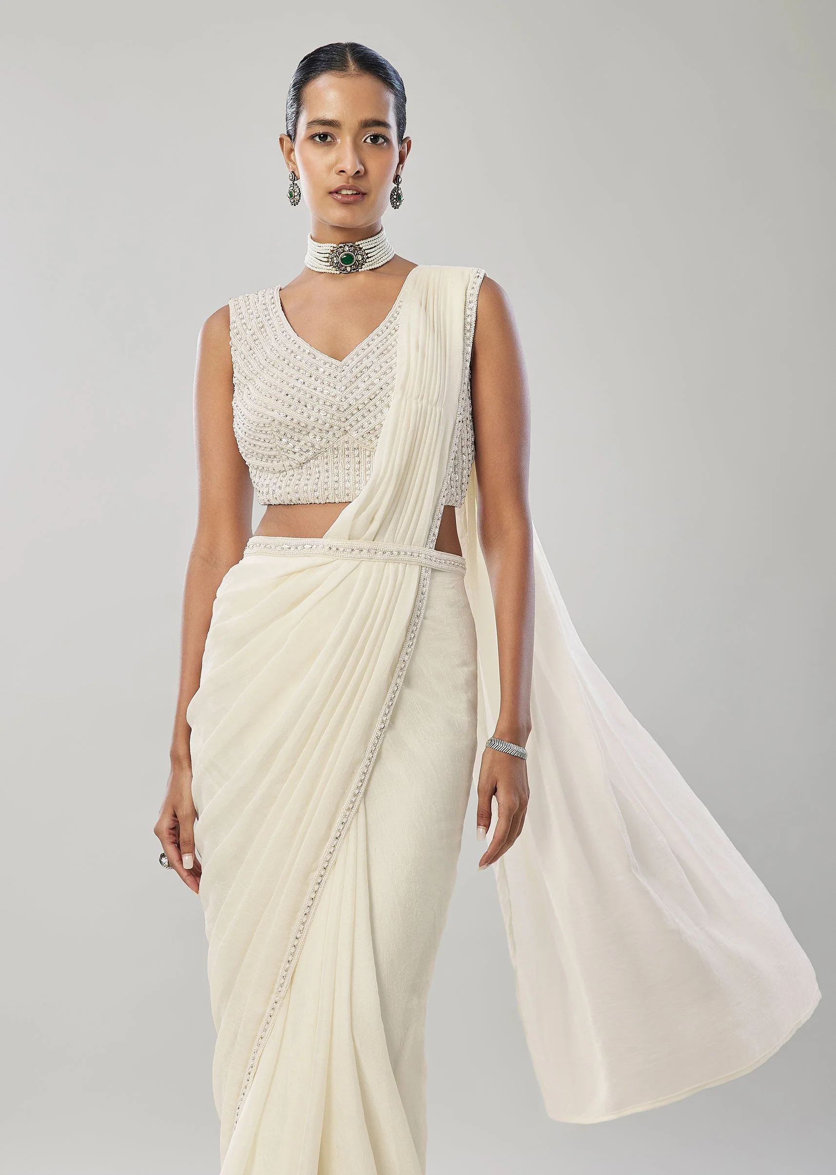 Ivory Ready Pleated Saree With Belt - Image 4