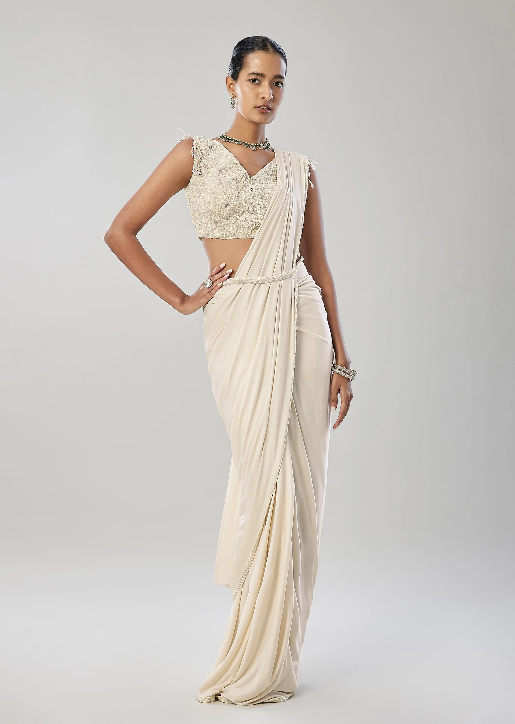 Ivory Ready Pleated Saree With Belt And Moti Work On Blouse - Image 4