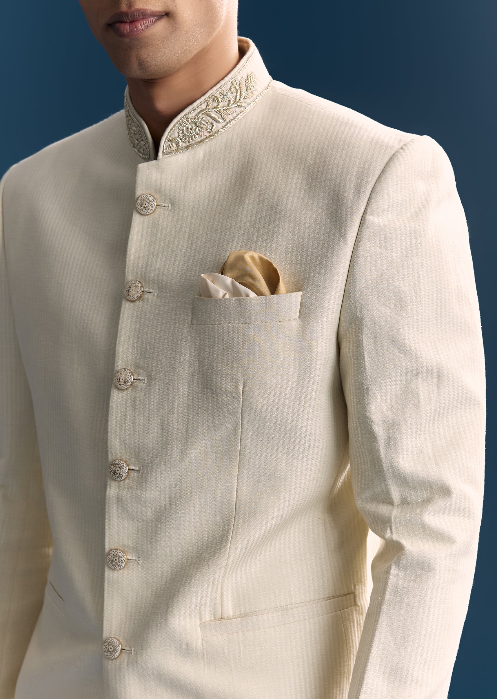 Ivory Regal Duo – Embroidered Lehenga For Her And Jacquard Jodhpuri Suit For Him - Image 6