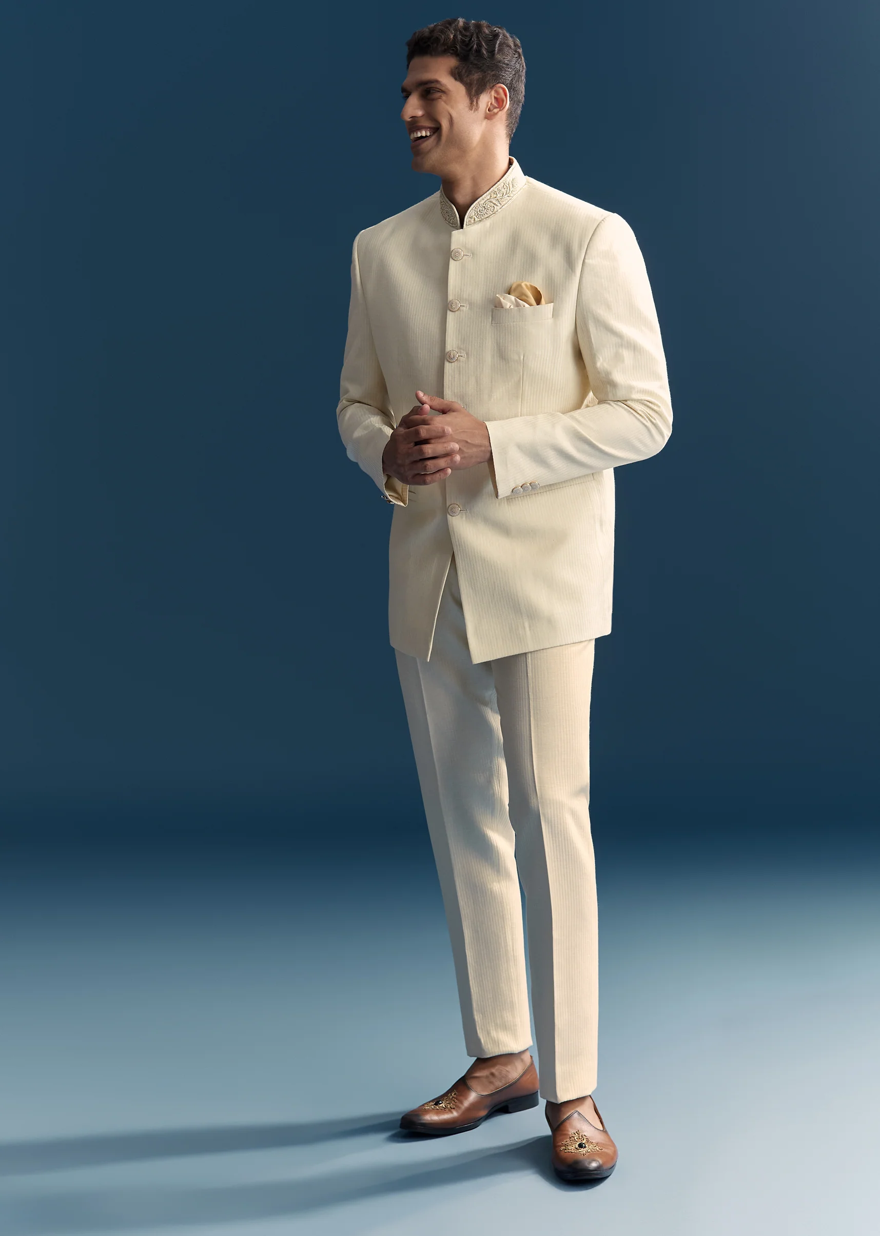 Ivory Regal Duo – Embroidered Lehenga For Her And Jacquard Jodhpuri Suit For Him - Image 8