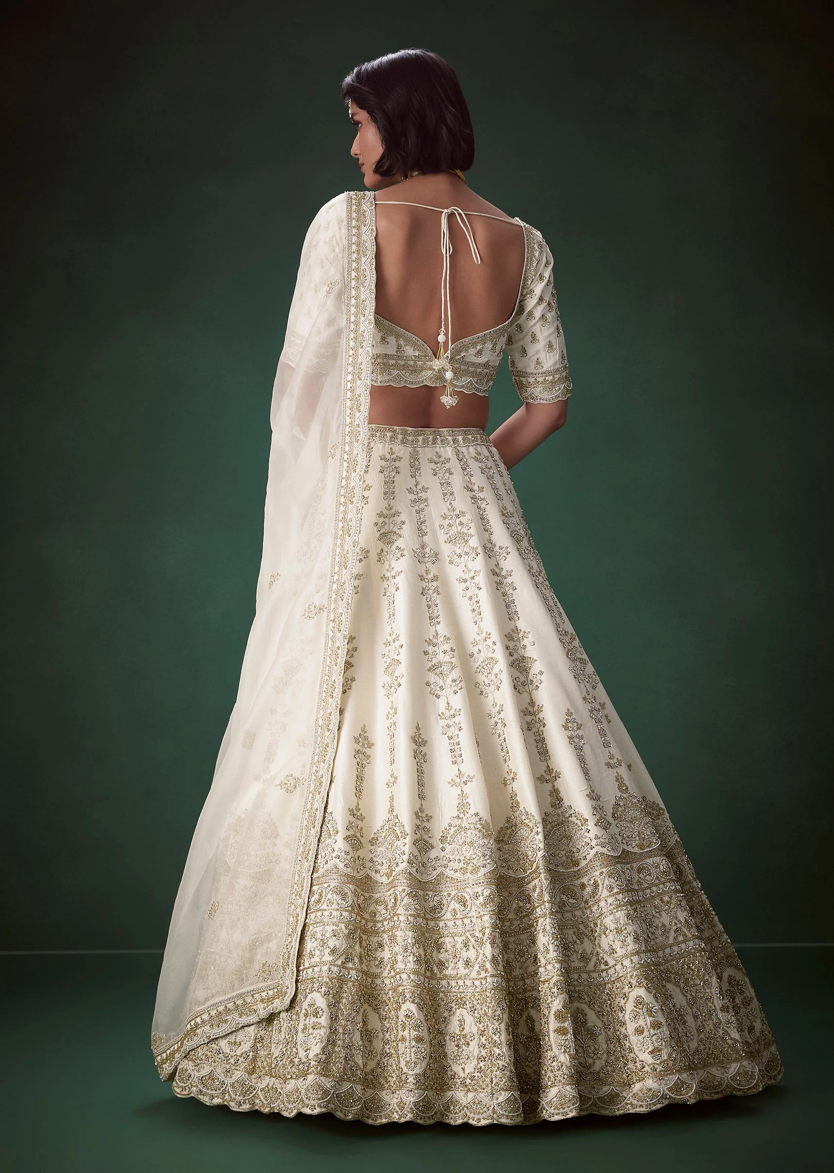 Ivory Resham Embellished Silk Bridal Lehenga Set with Two Duapattas - Image 2