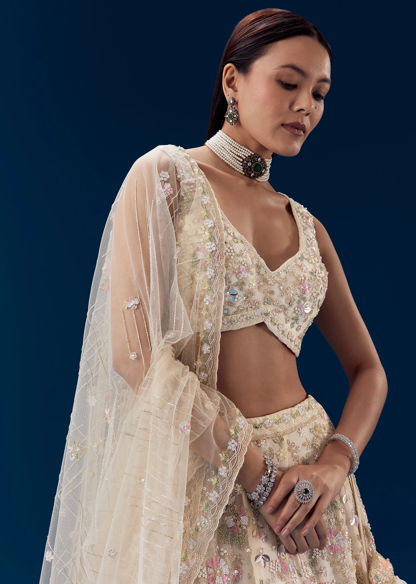Ivory Silk Embellished Bridal Lehenga Set with Floral Tassels - Image 3