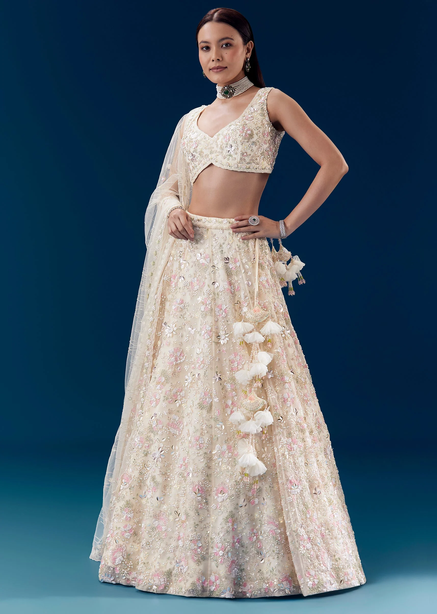 Ivory Silk Embellished Bridal Lehenga Set with Floral Tassels - Image 4