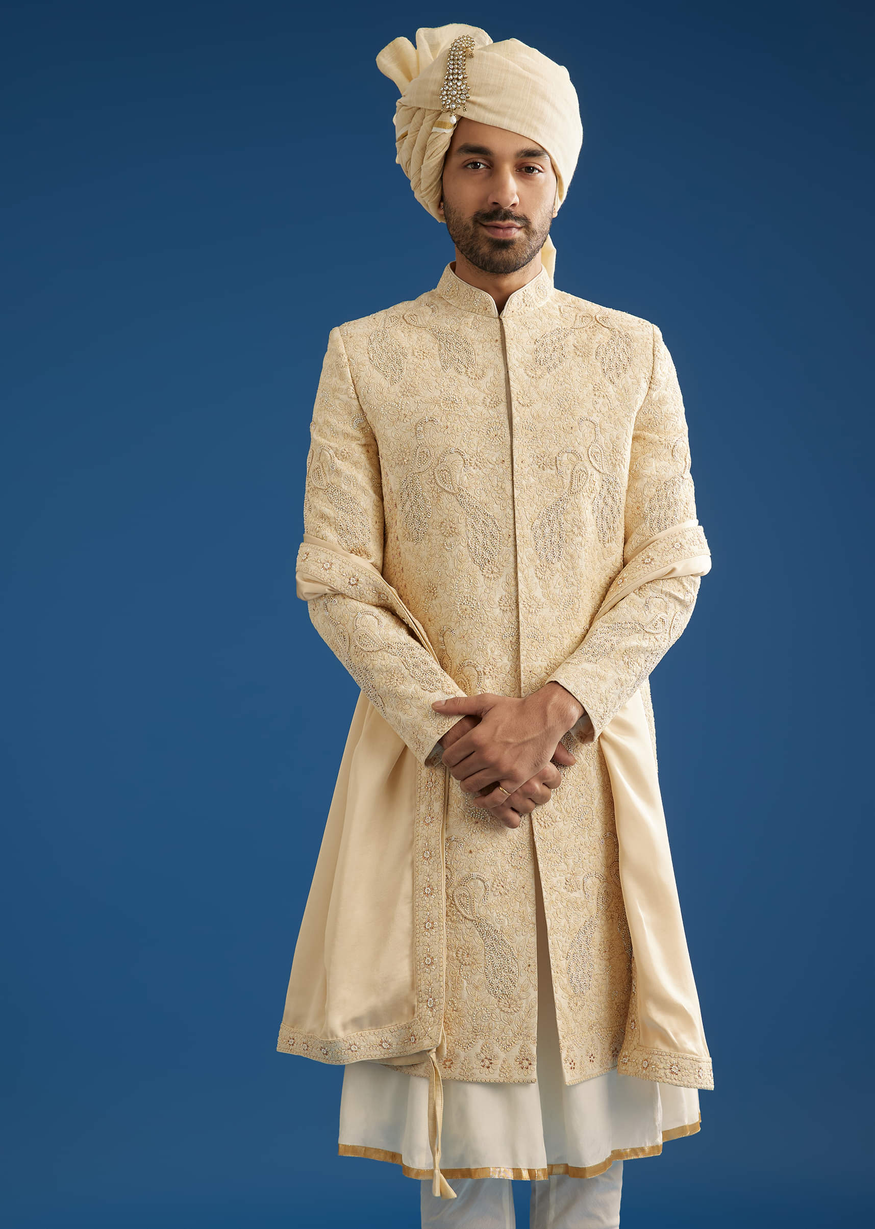 Ivory Silk Groom Sherwani Set With Dori And Zardosi Embroidery - Image 4