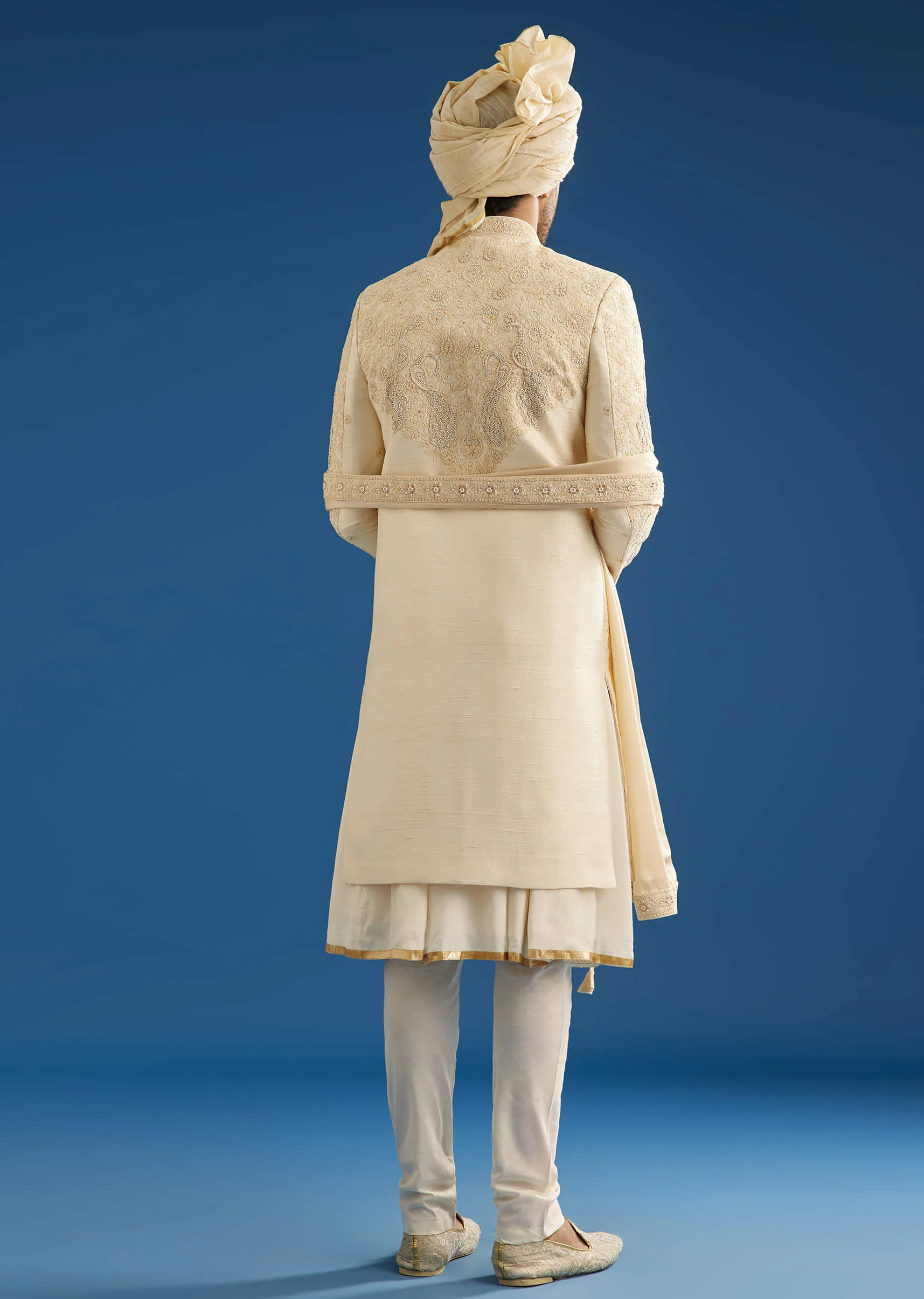 Ivory Silk Groom Sherwani Set With Dori And Zardosi Embroidery - Image 5