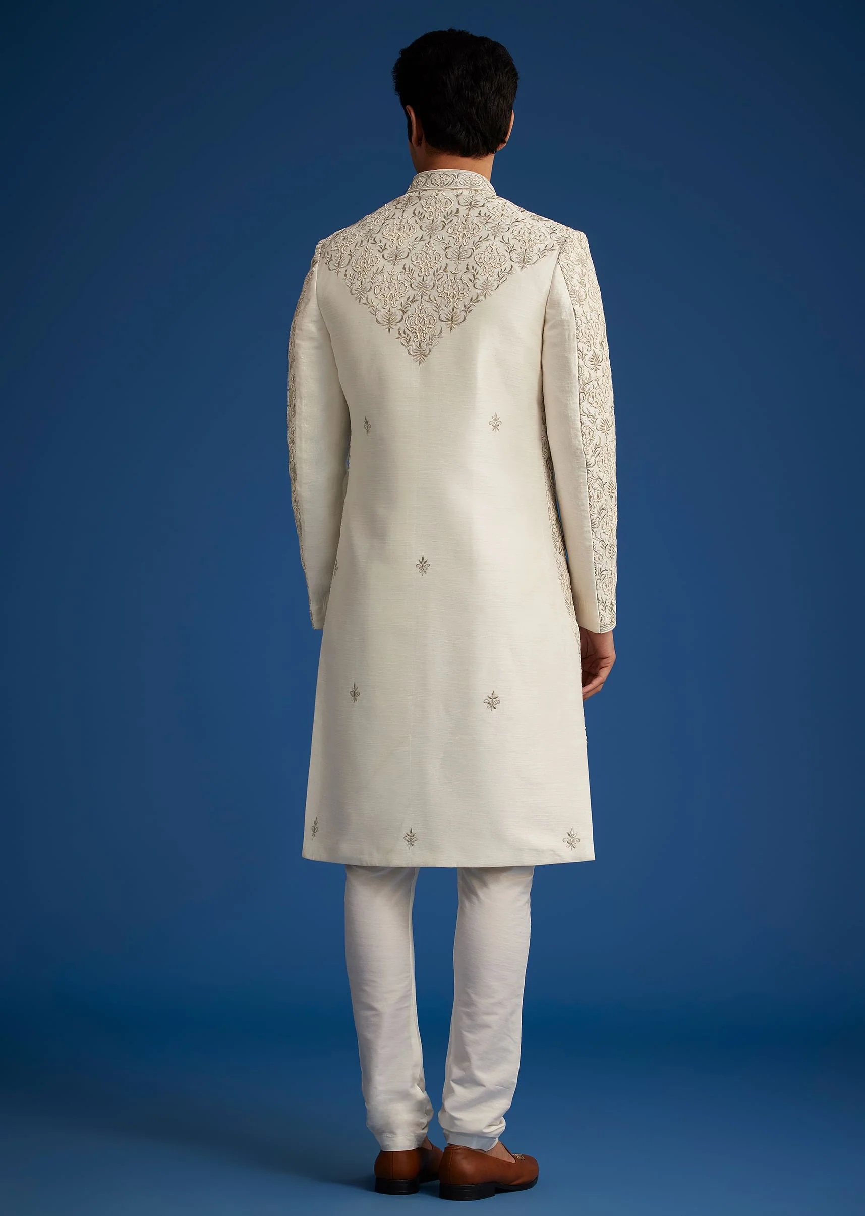 Ivory Silk Sherwani With Resham Zari And Zardosi Work - Image 6