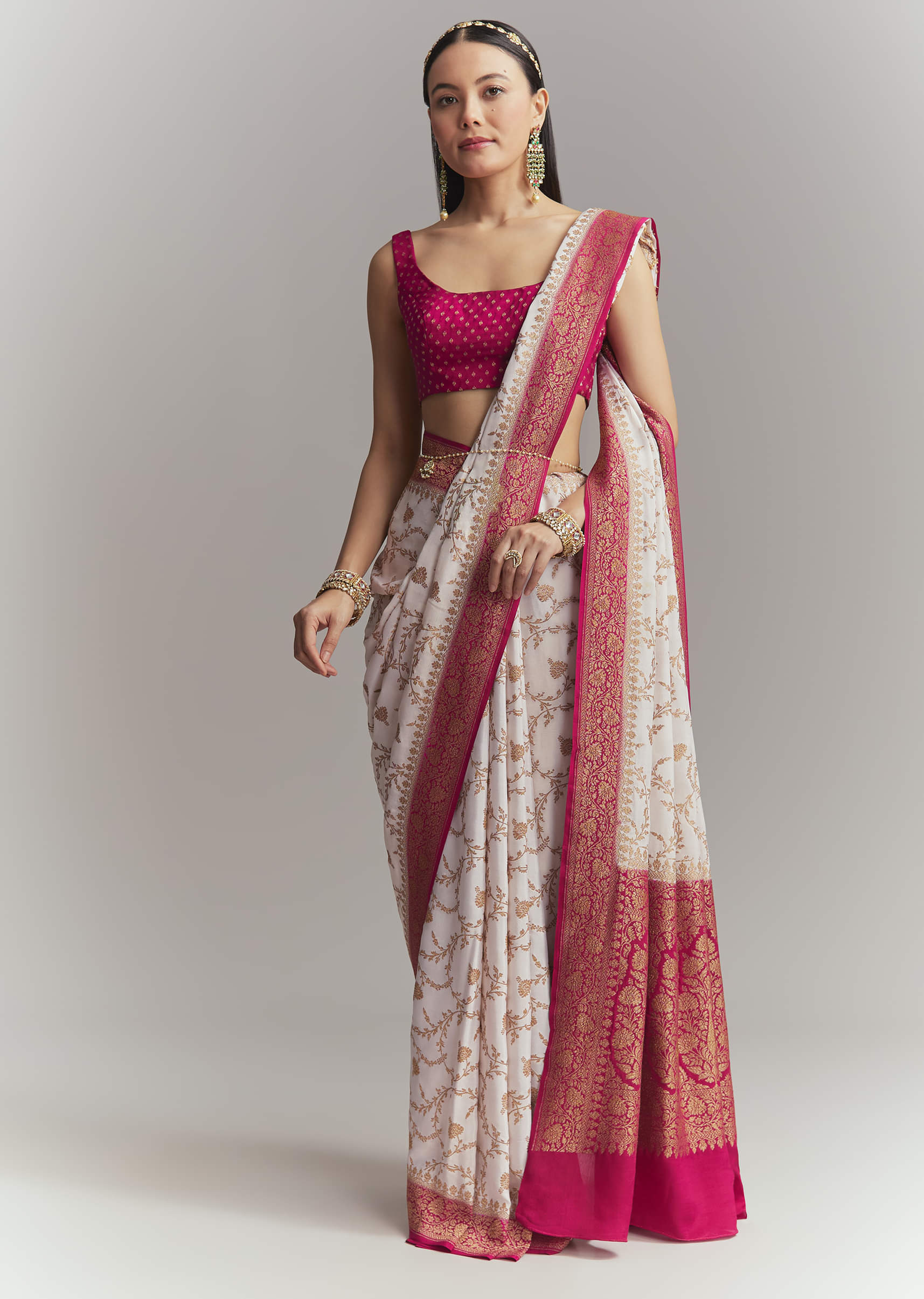 Ivory Silk Woven Saree With Rani Pink Contrast Work