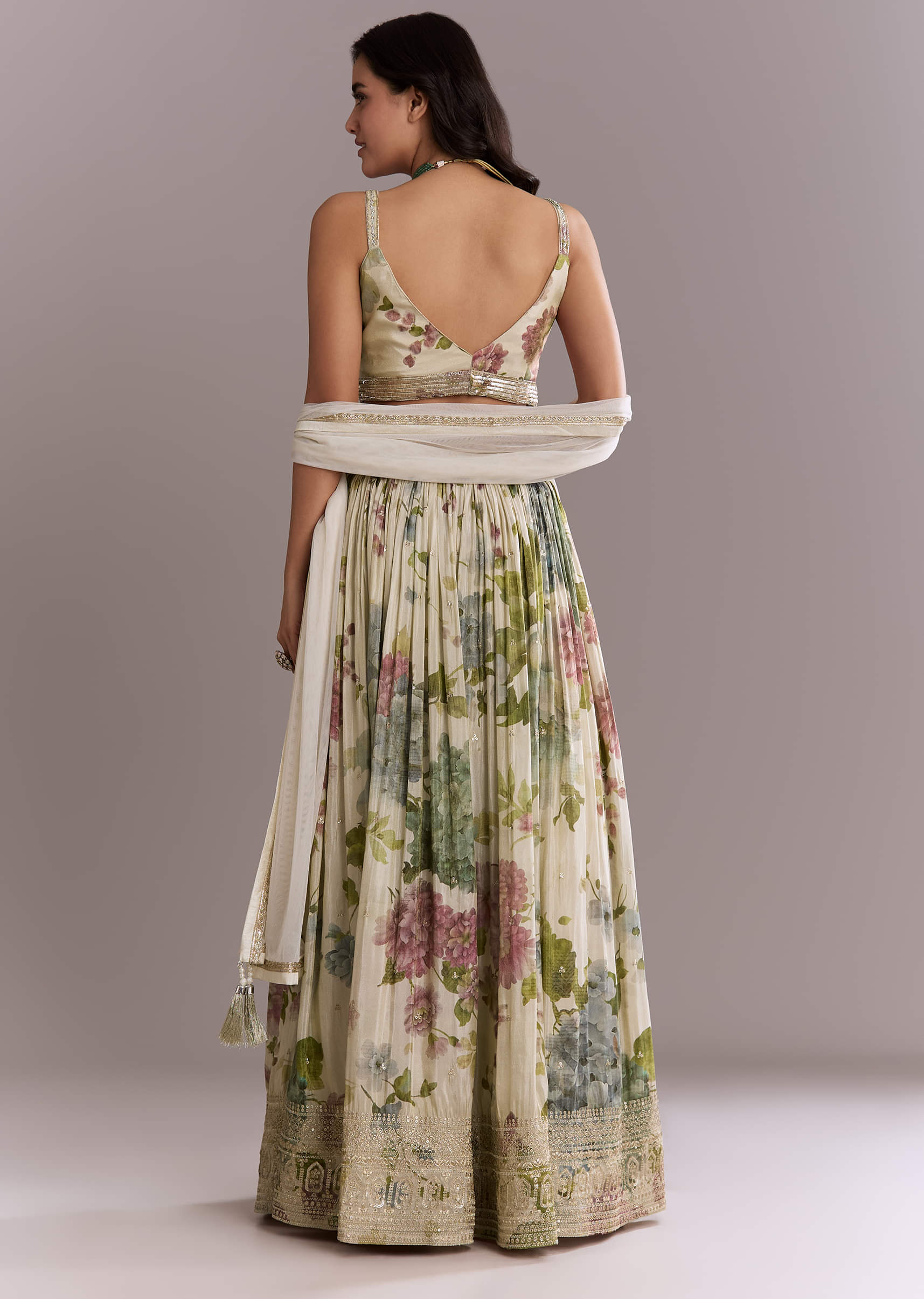 Ivory Tissue Bridesmaid Lehenga With Floral Print And Embroidery - Image 2