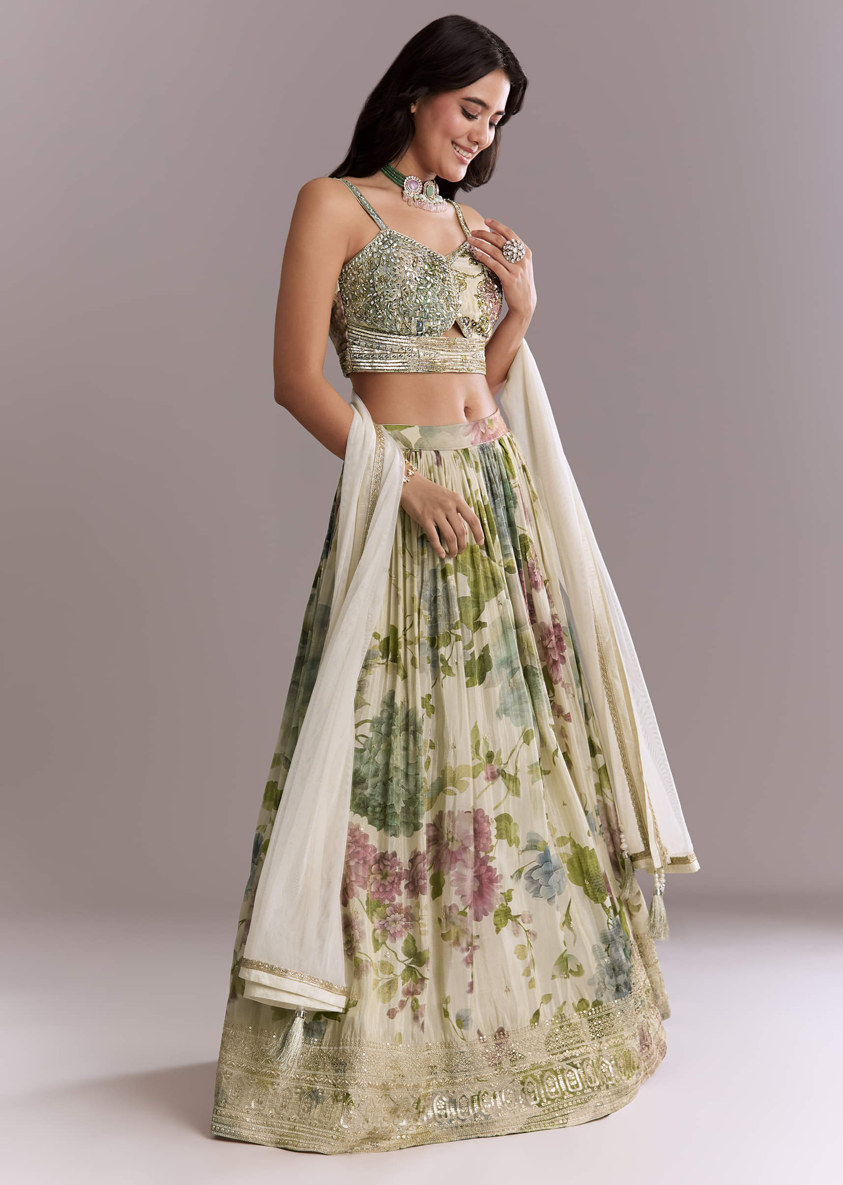 Ivory Tissue Bridesmaid Lehenga With Floral Print And Embroidery - Image 4