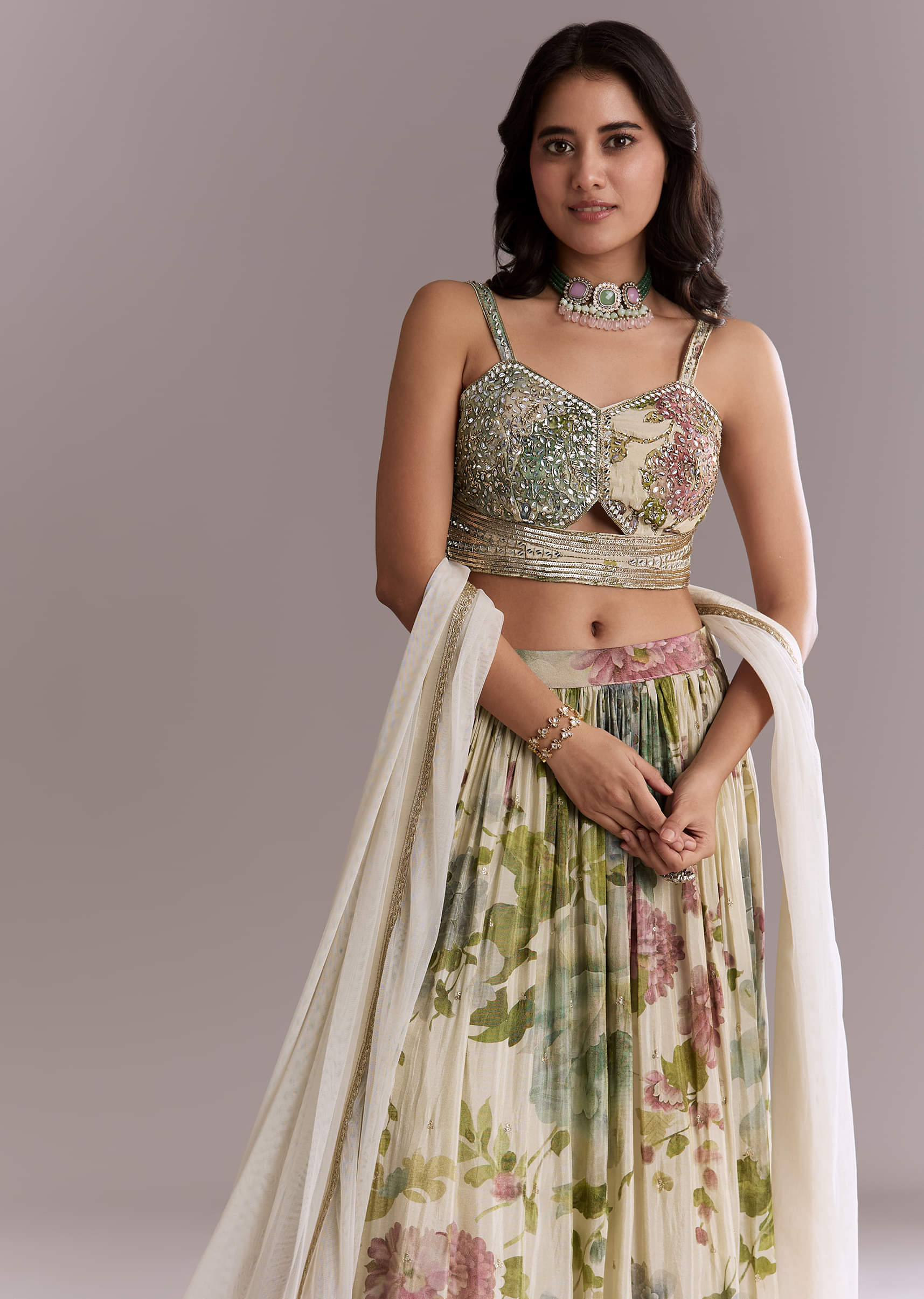 Ivory Tissue Bridesmaid Lehenga With Floral Print And Embroidery - Image 5