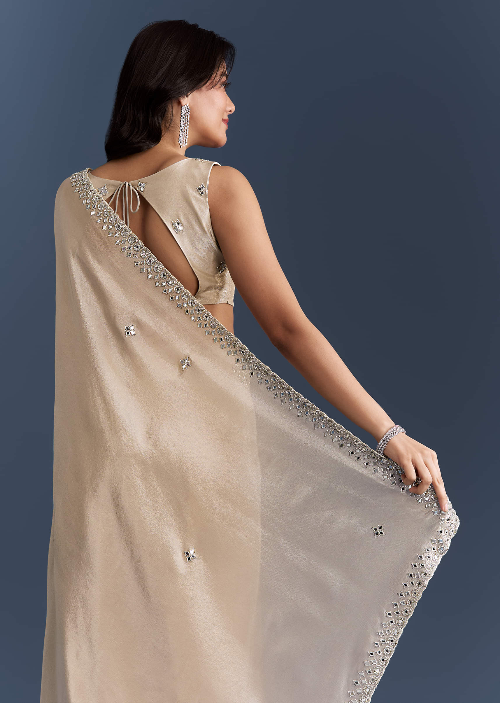 Ivory Tissue Saree With Heavy Hand Embroidery - Image 6