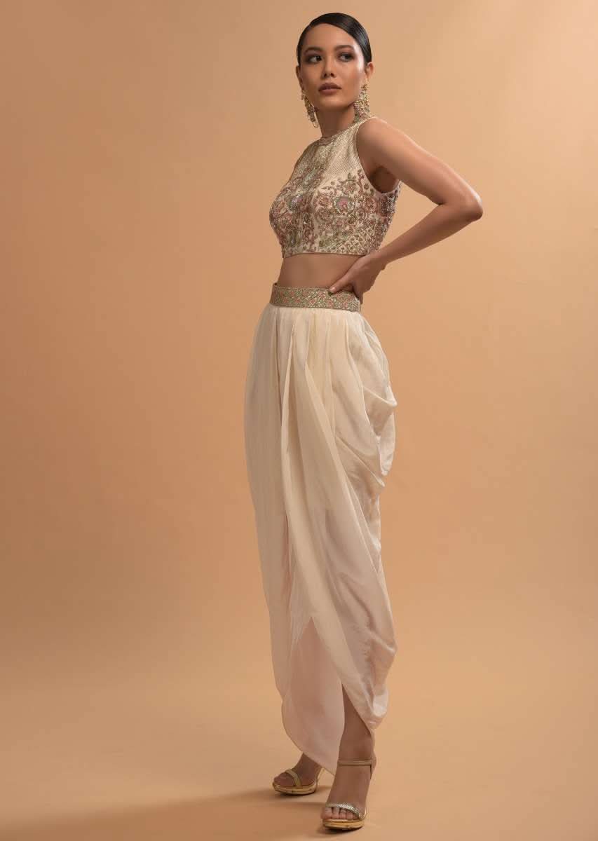 Ivory Tulip Dhoti And Crop Top Set With Embossed Floral Embroidery And High Neckline - Image 3