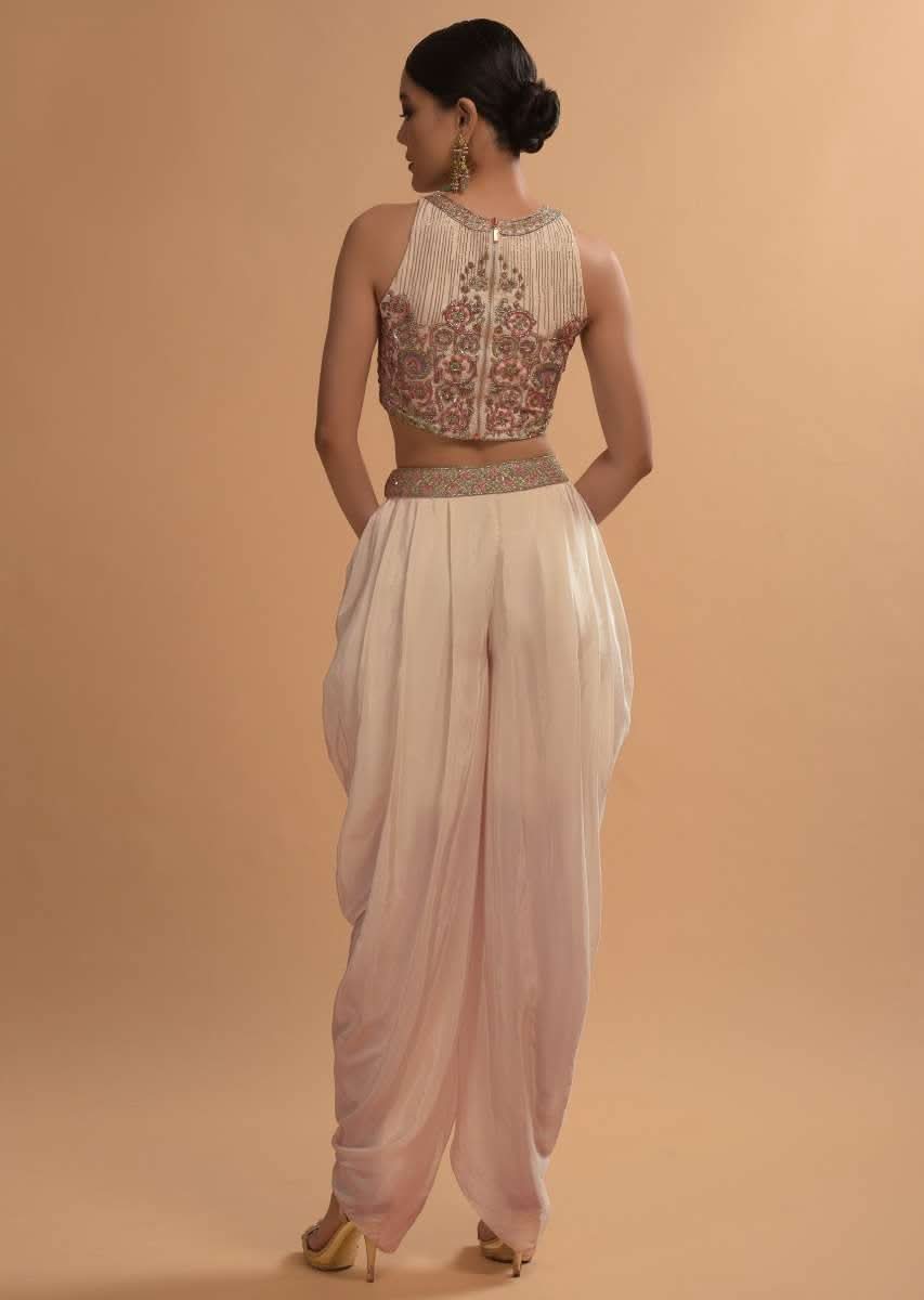 Ivory Tulip Dhoti And Crop Top Set With Embossed Floral Embroidery And High Neckline - Image 4