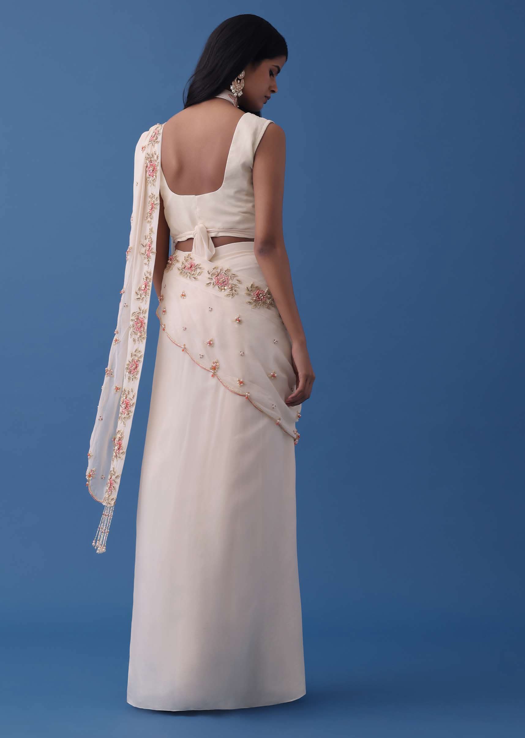 Ivory White Embroidered Indowestern Set With Pre-Draped Dupatta In Georgette - Image 5