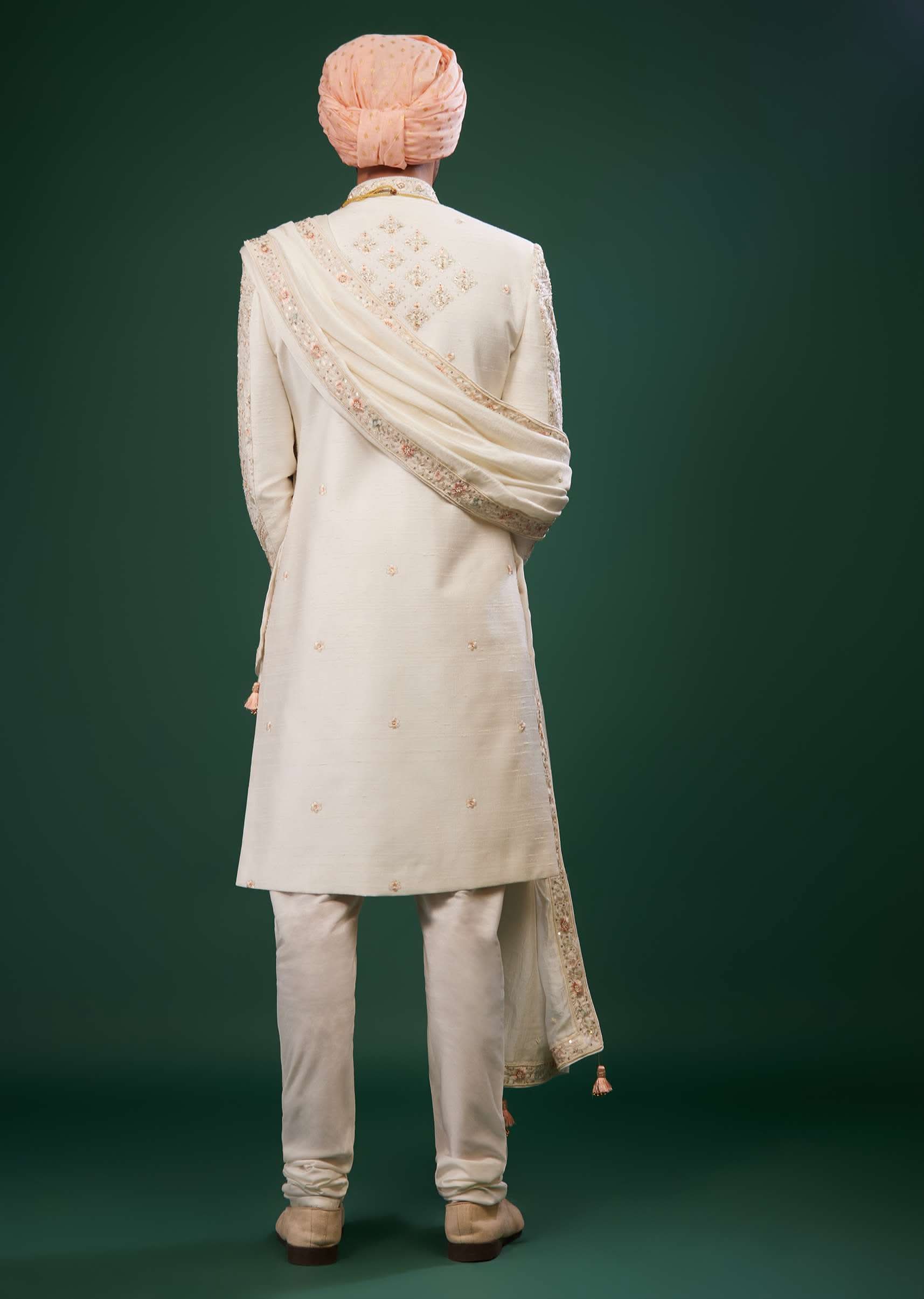 Ivory White Embroidered Sherwani Set In Raw Silk - Image 6