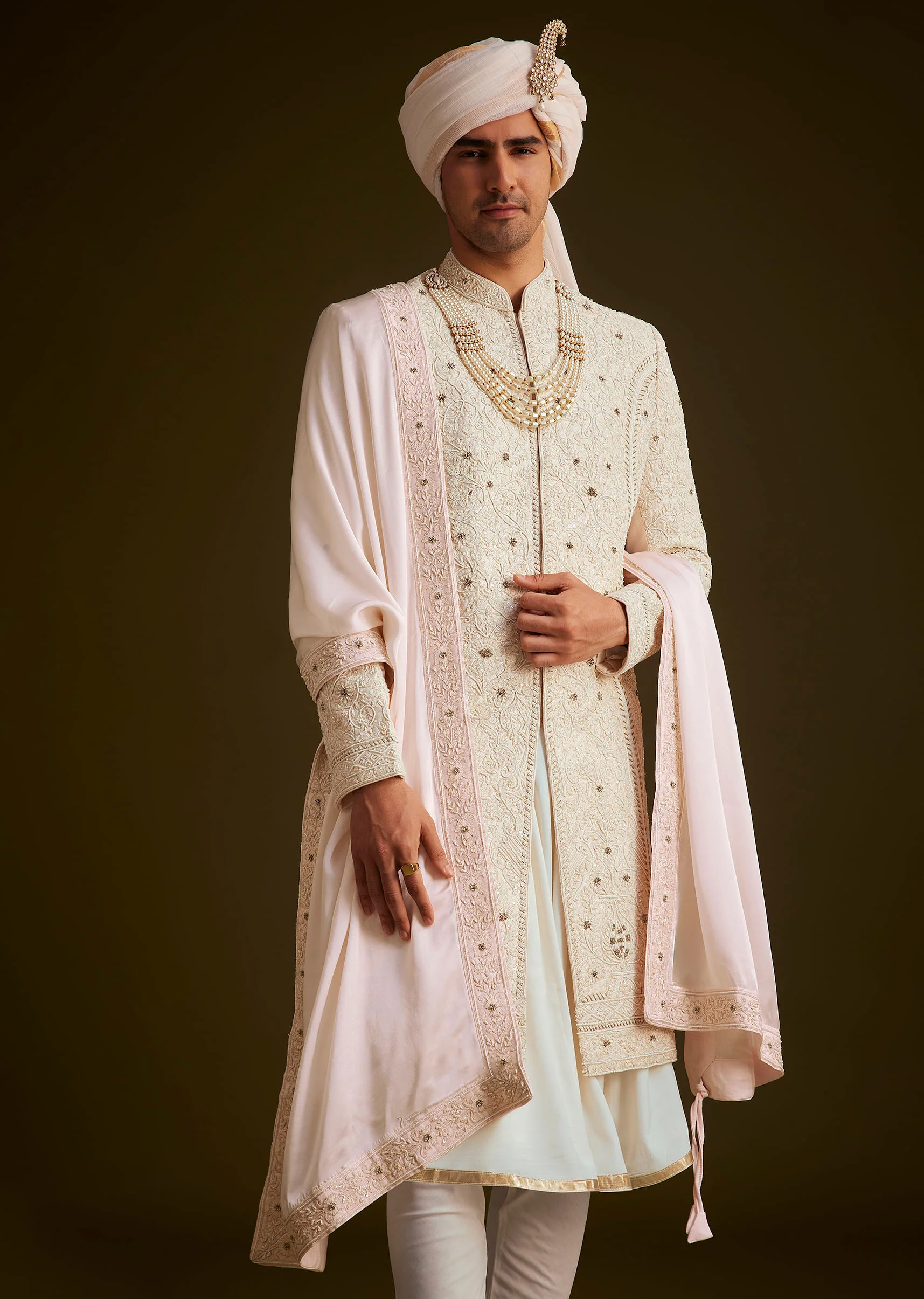 Ivory Zardozi Embroidered Sherwani With Matching Dupatta - Image 4
