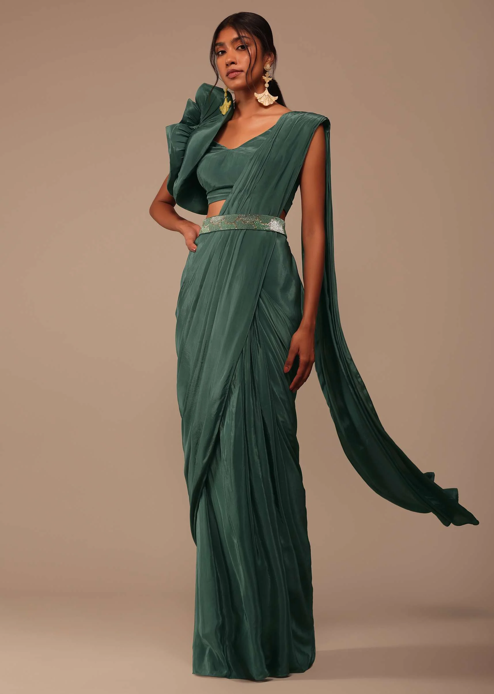 Jade Green Saree With Fancy One Side Flowered Shape Sleeve And Belt - Image 3