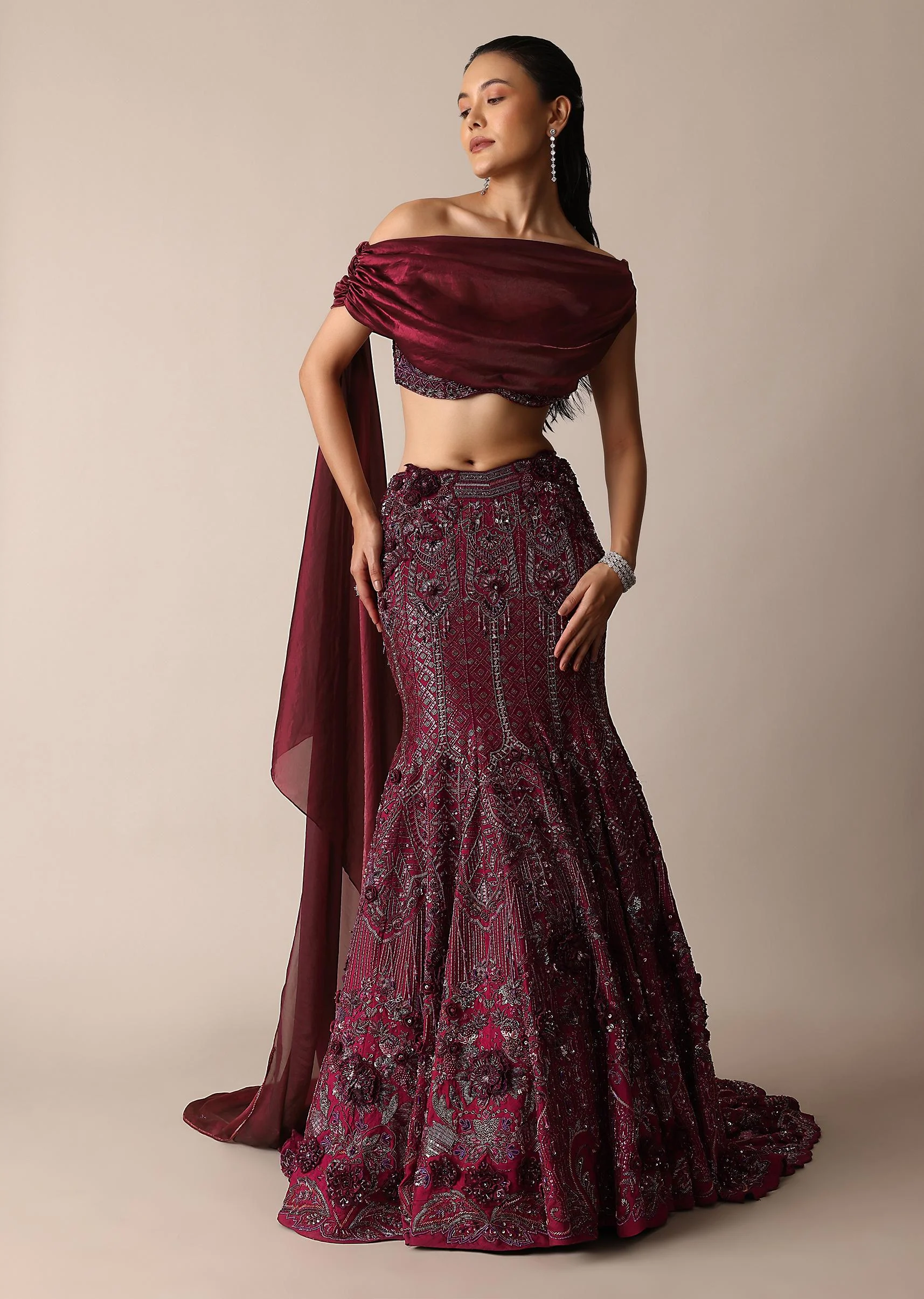 Wine Opulent Fish Cut Lehenga And Embellished Jacket Duo - Image 3