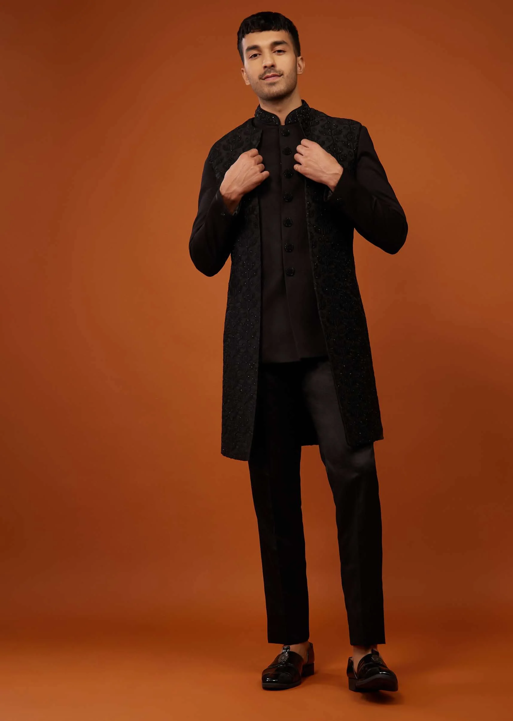 Jet Black Sherwani Set Embroidered In Imported Suiting Fabric - Image 2
