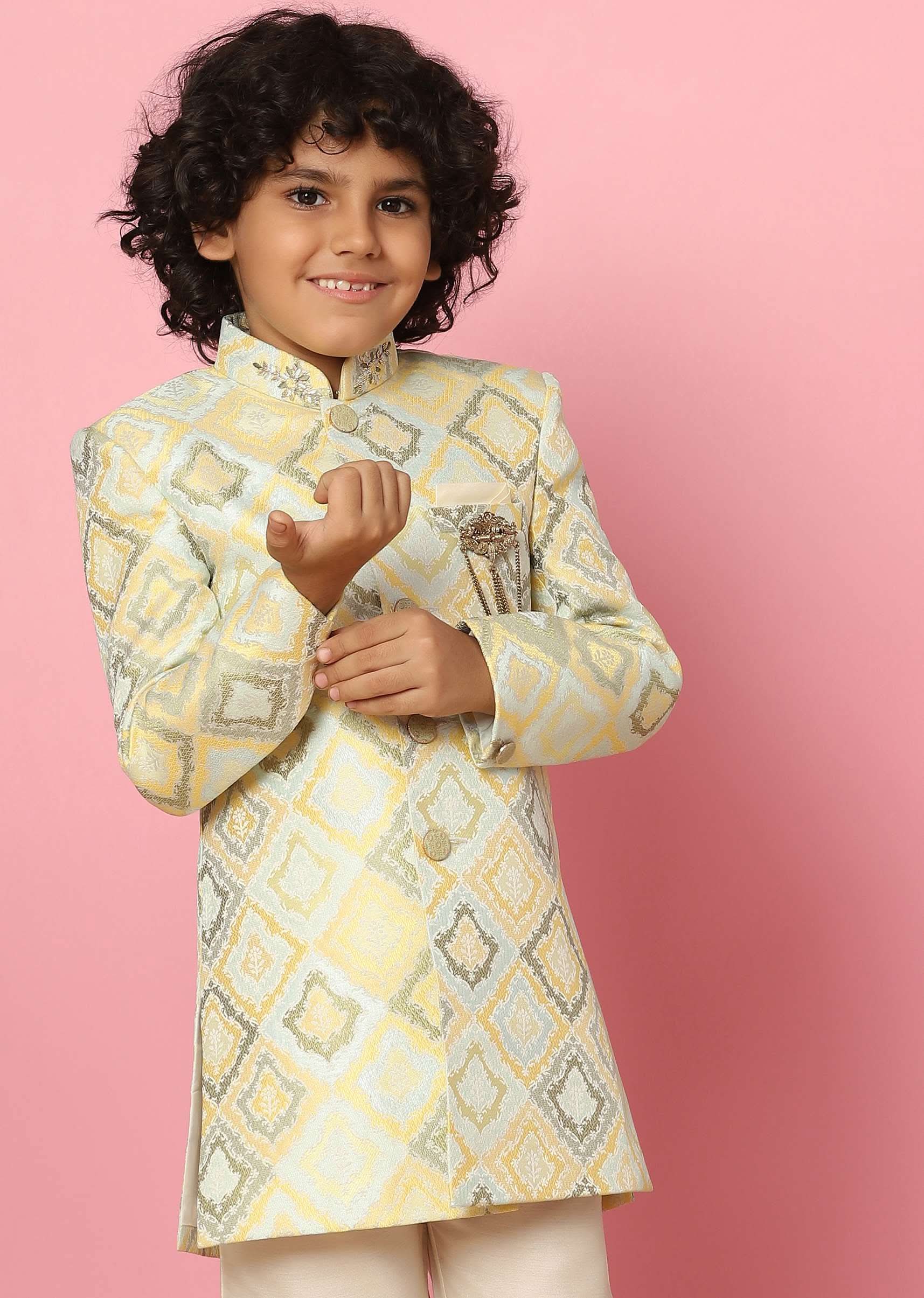 Kalki Afterglow Yellow Sherwani Set In Raw Silk With Threadwork For Boys - Image 2