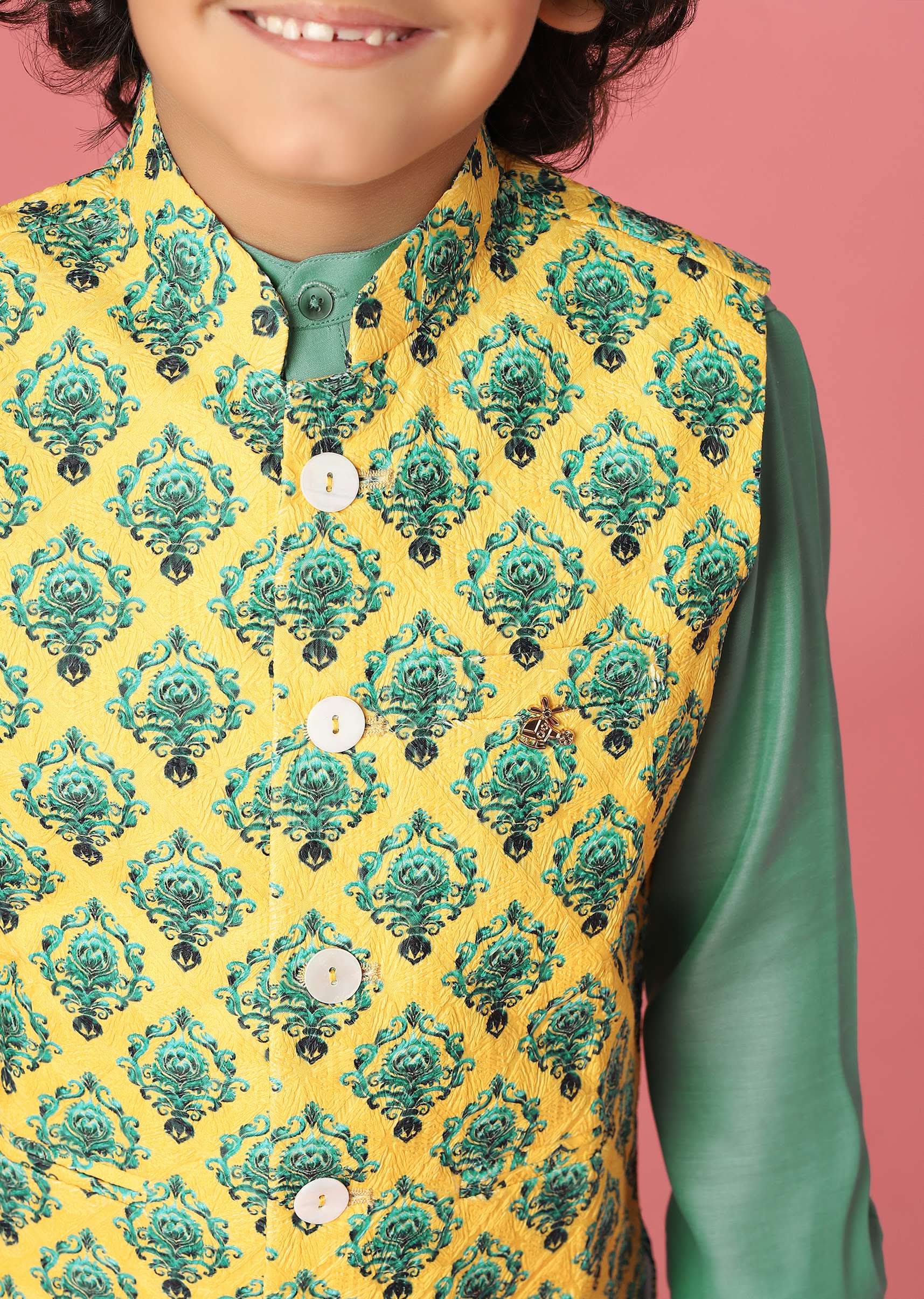 Kalki Agate Green Kurta Set In Silk With Lemon Chrome Yellow Bandi Jacket For Boys - Image 3