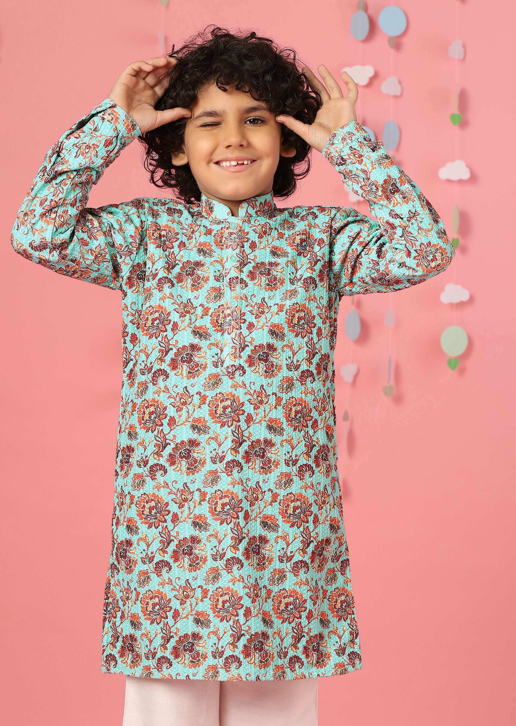 Kalki Aqua Sky Blue Silk Kurta Set With Threadwork For Boys - Image 2
