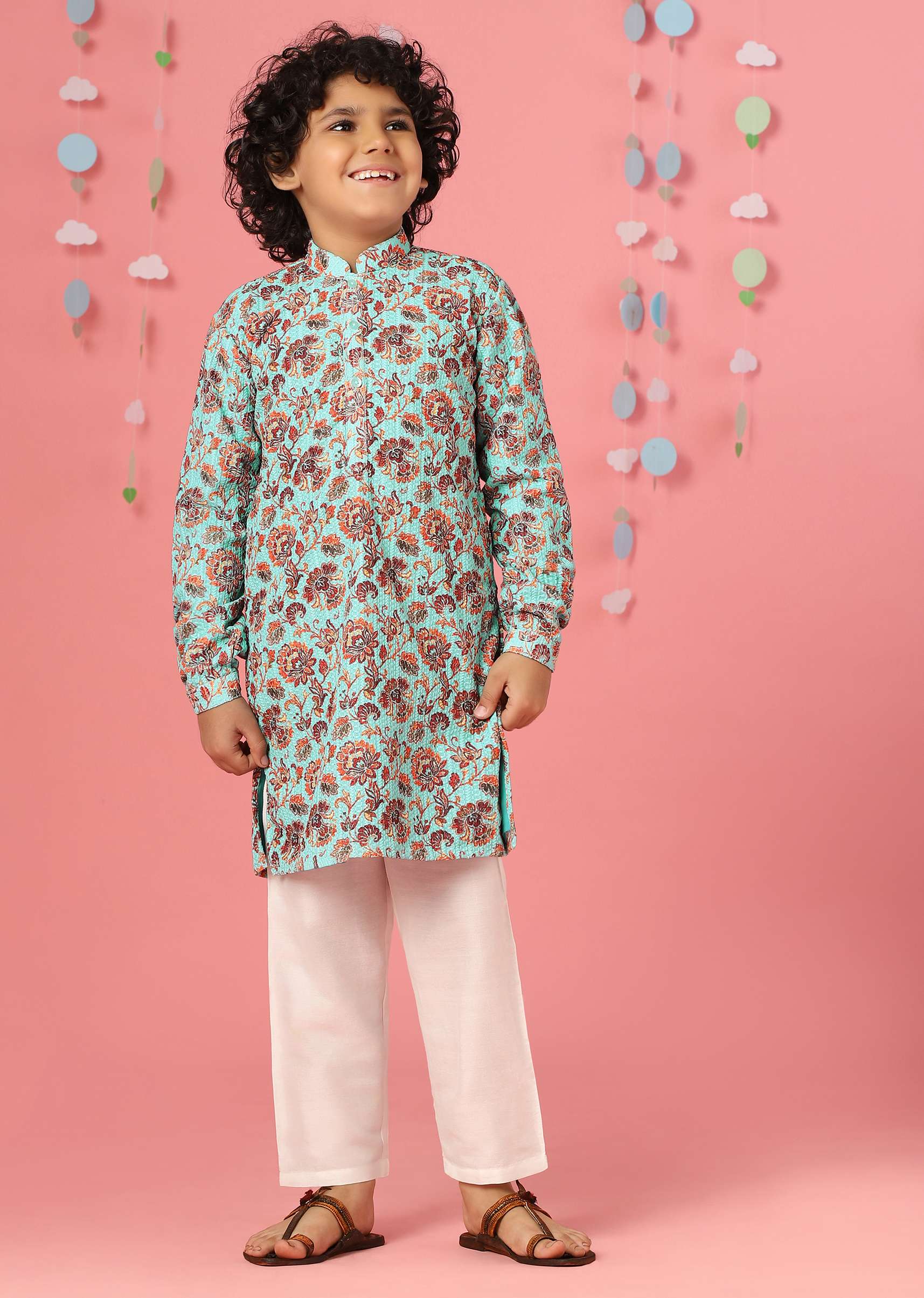 Kalki Aqua Sky Blue Silk Kurta Set With Threadwork For Boys - Image 3