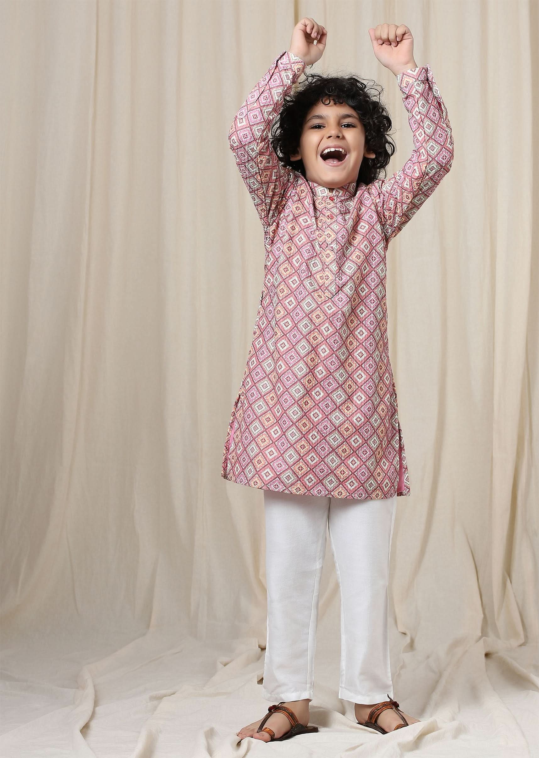 Kalki Aurora Pink Kurta Set In Silk With Threadwork For Boys - Image 4