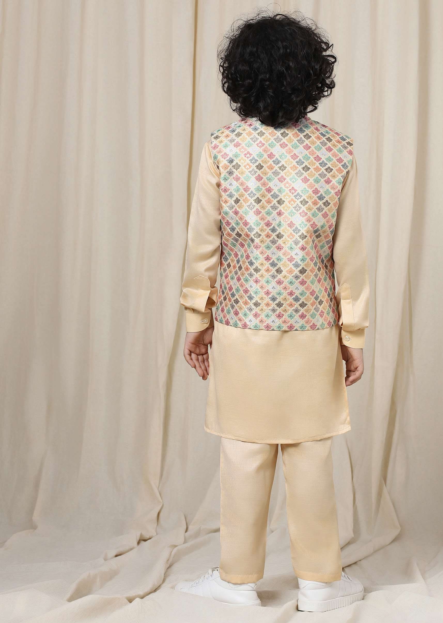 Kalki Autumn Blonde Beige Kurta Set In Silk With Multicolor Bandi Jacket For Boys - Image 5