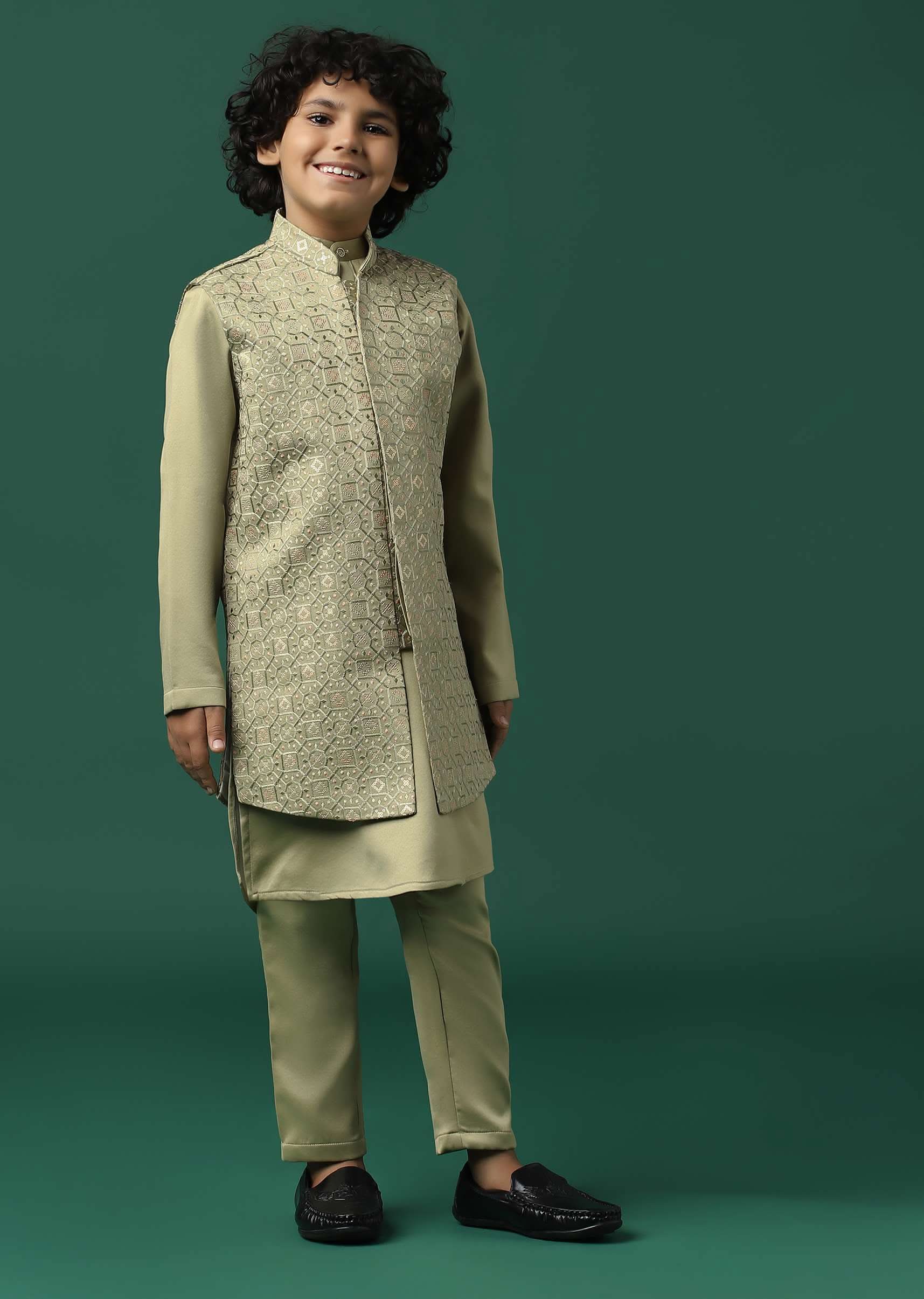 Kalki Beige Sherwani Set In Satin With Threadwork And Sequins Embroidery For Boys - Image 8