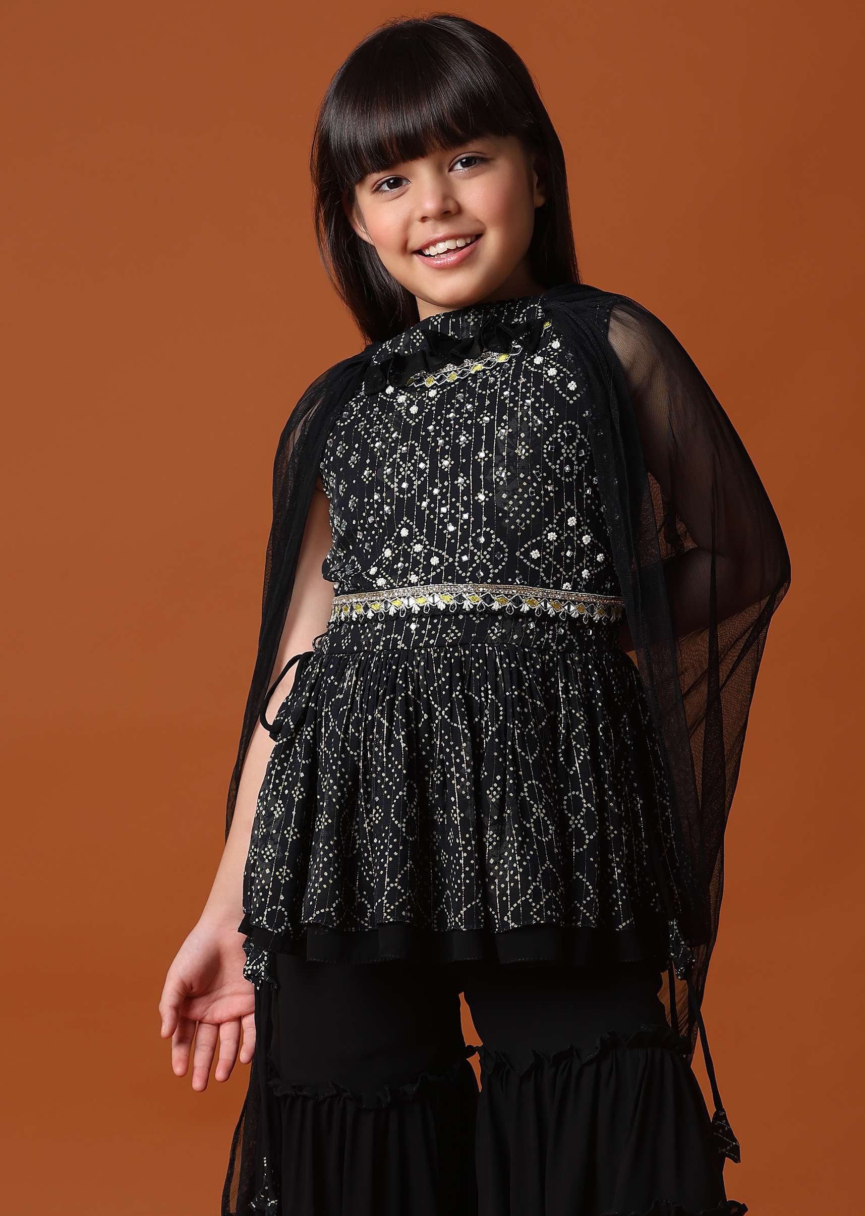 KALKI Black Kurti And Sharara Set With Mirror Work For Girls - Image 3